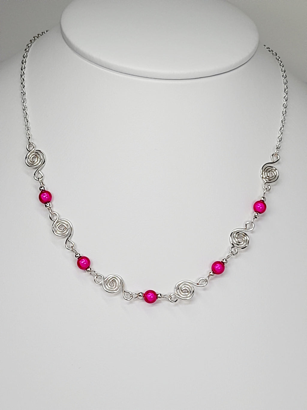 Dainty Silver Spiral Necklace with Hot Pink Miracle Beads,  Handmade Lightweight Jewellery