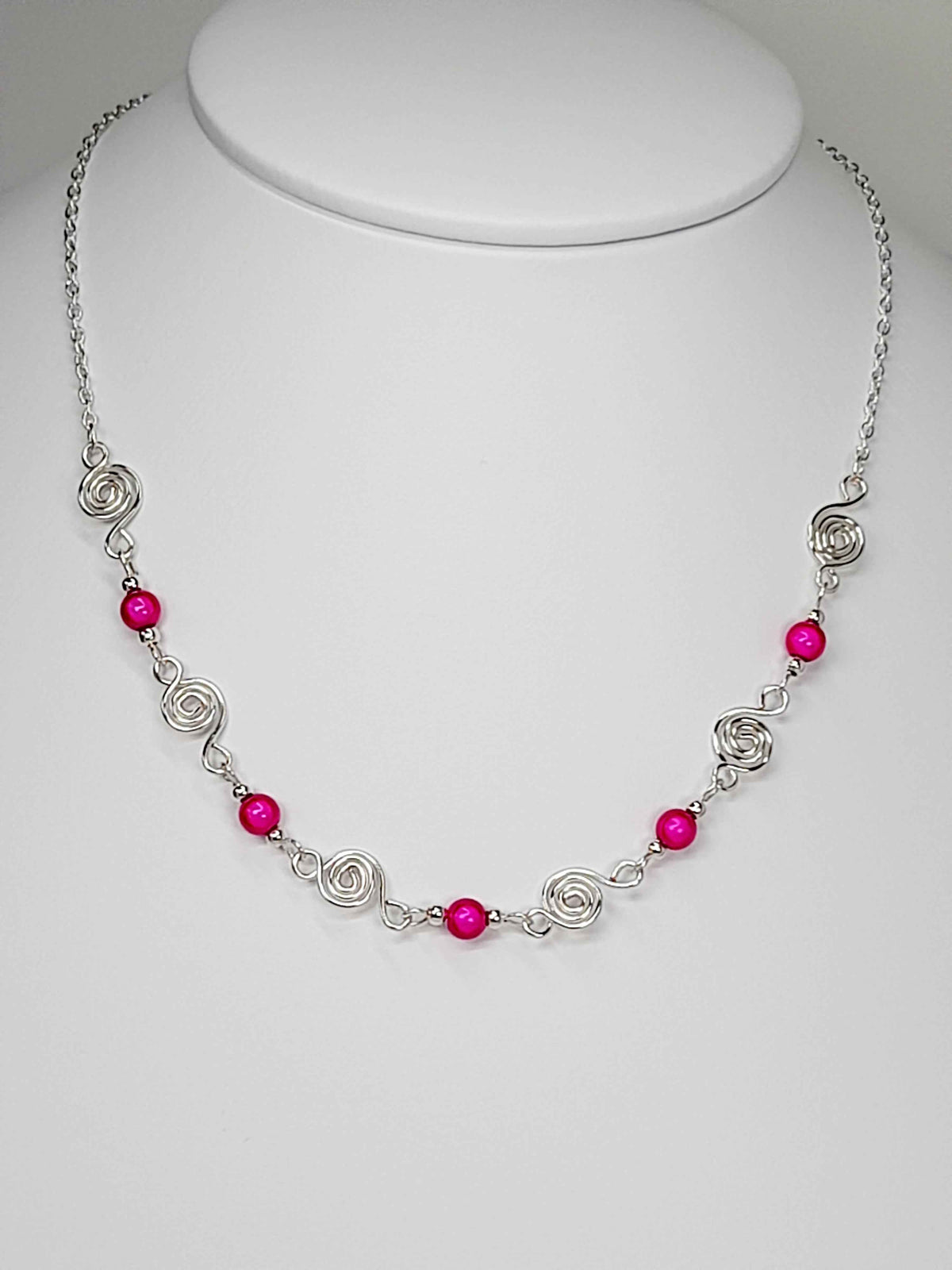 Dainty Silver Spiral Necklace with Hot Pink Miracle Beads,  Handmade Lightweight Jewellery