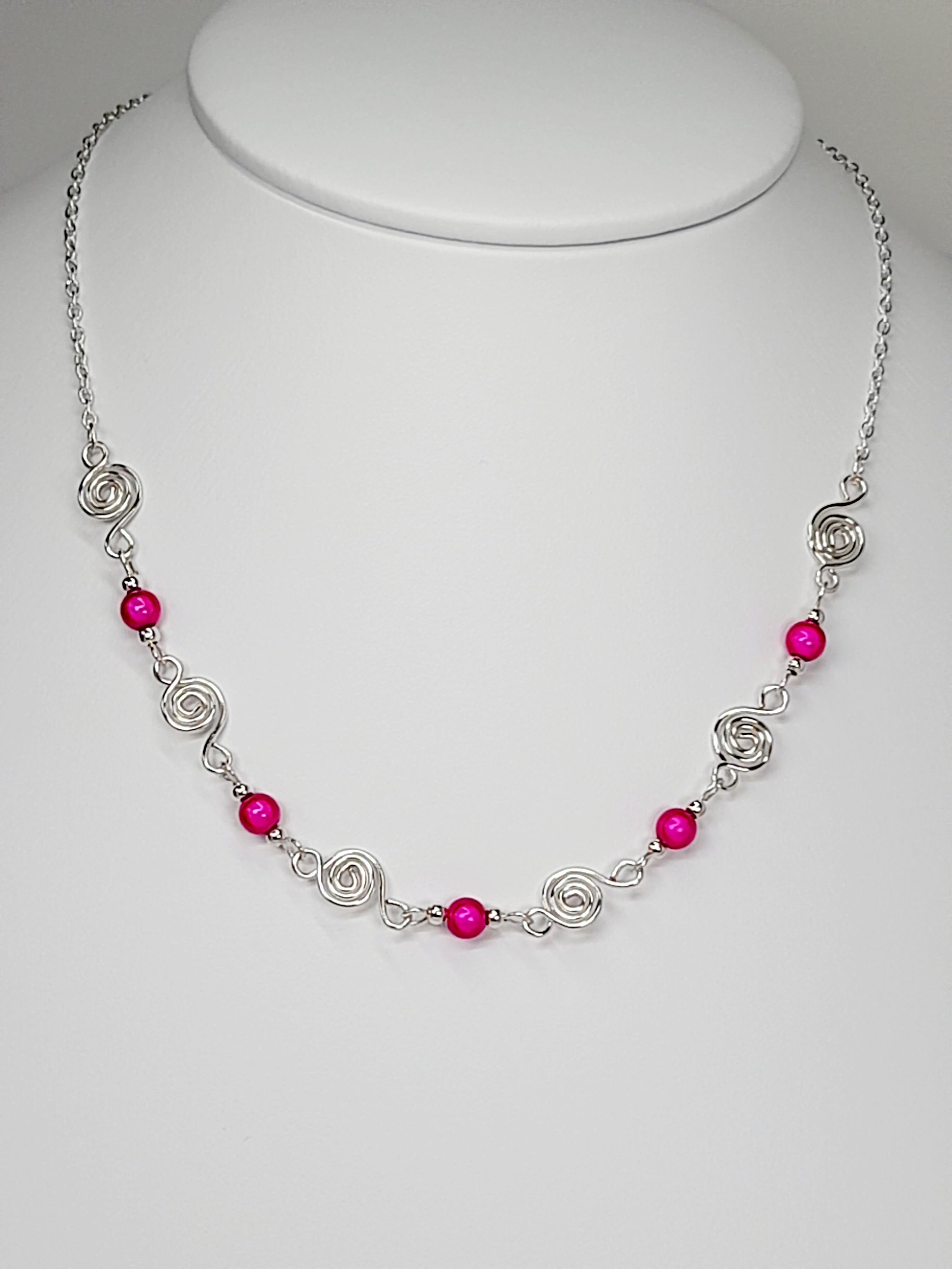 Dainty Silver Spiral Necklace with Hot Pink Miracle Beads,  Handmade Lightweight Jewellery