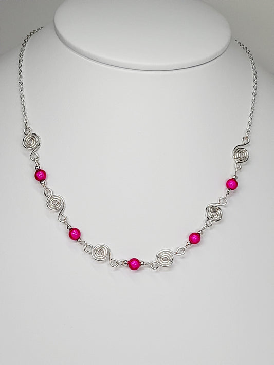 Dainty Silver Spiral Necklace with Hot Pink Miracle Beads,  Handmade Lightweight Jewellery