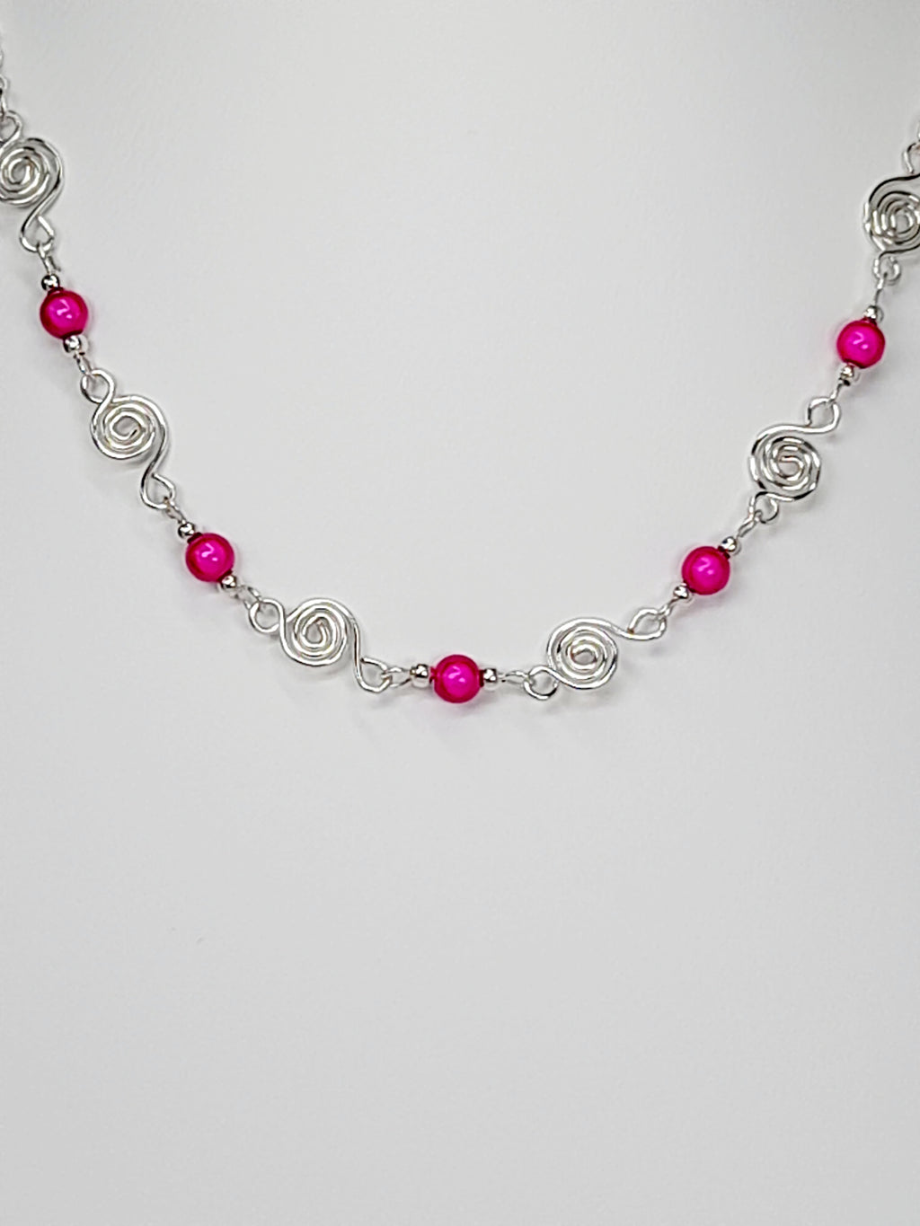 Dainty Silver Spiral Necklace with Hot Pink Miracle Beads,  Handmade Lightweight Jewellery