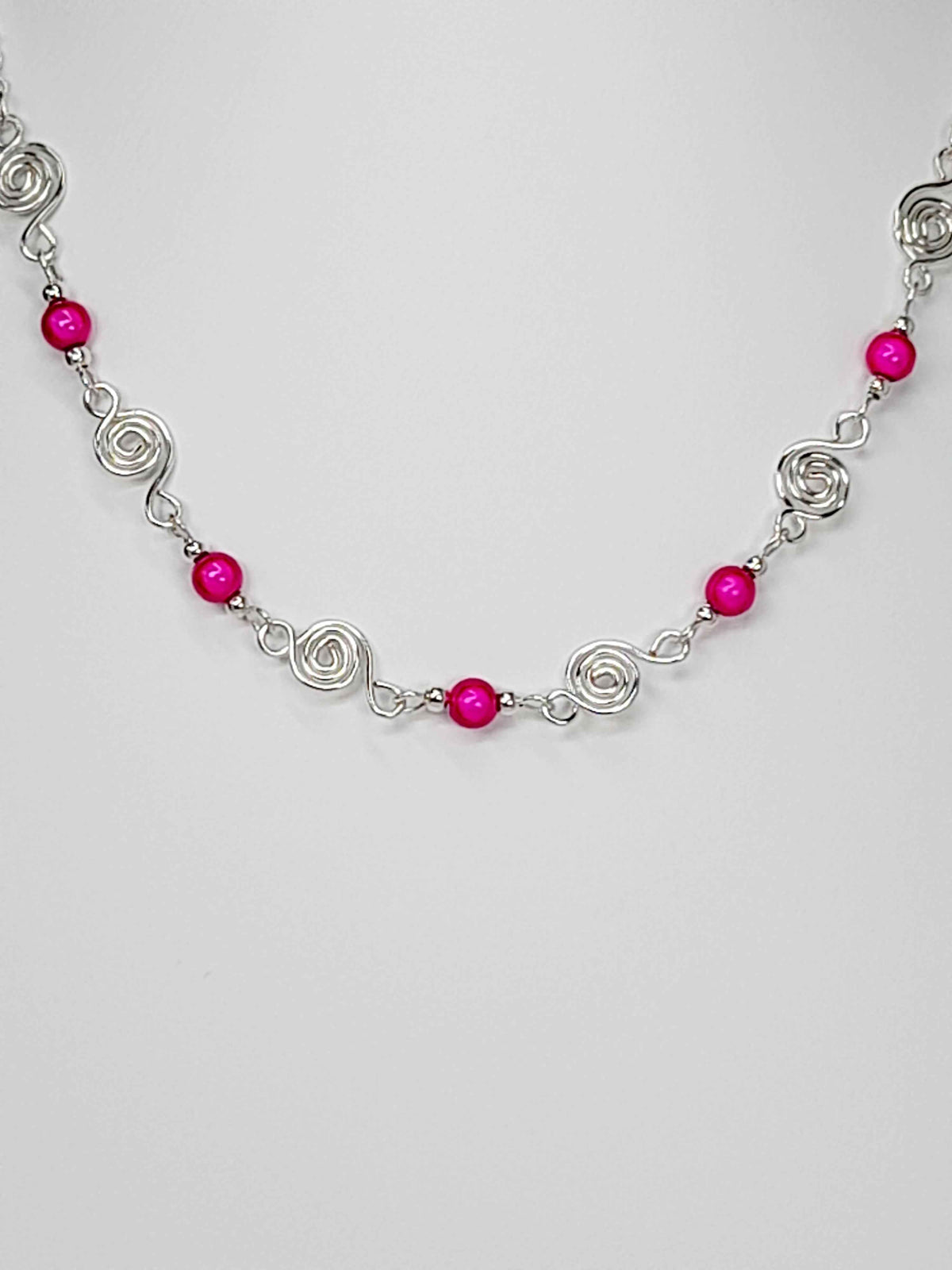 Dainty Silver Spiral Necklace with Hot Pink Miracle Beads,  Handmade Lightweight Jewellery