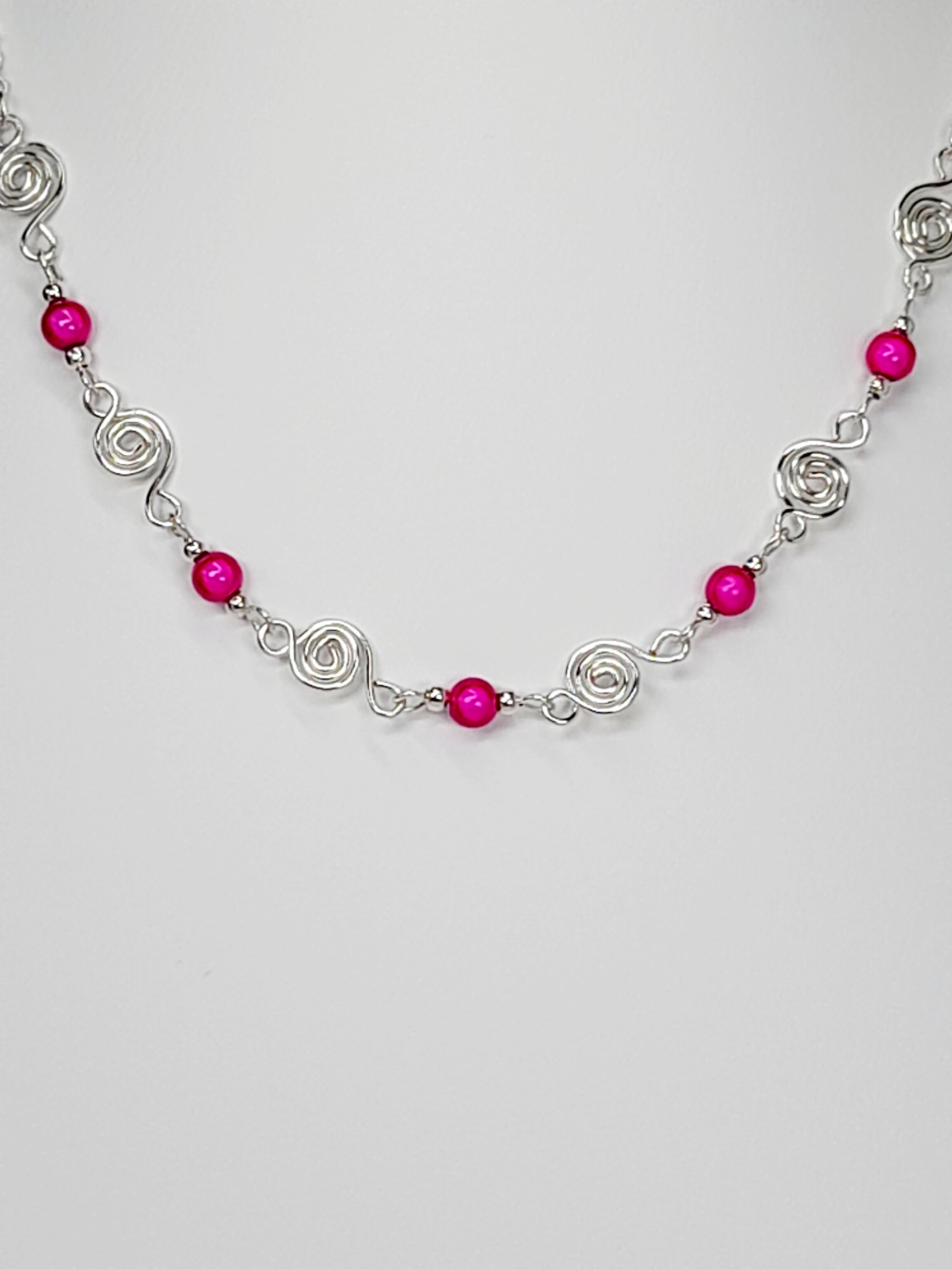 Dainty Silver Spiral Necklace with Hot Pink Miracle Beads,  Handmade Lightweight Jewellery