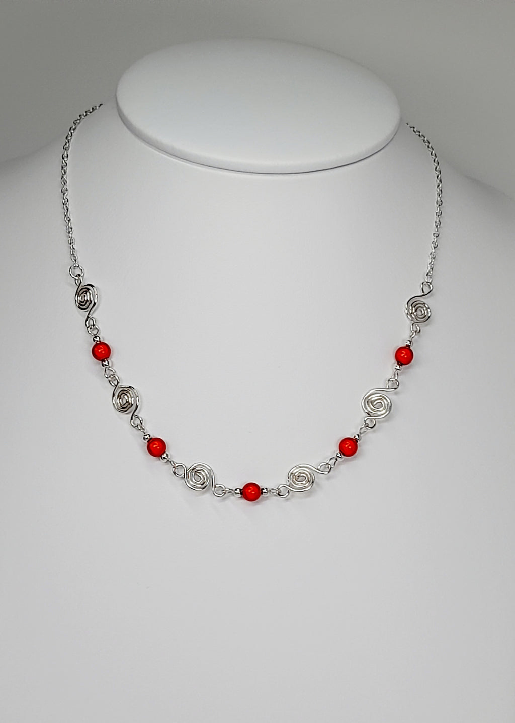 Dainty Silver Spiral Necklace with Red Miracle Beads,  Handmade Lightweight Jewellery