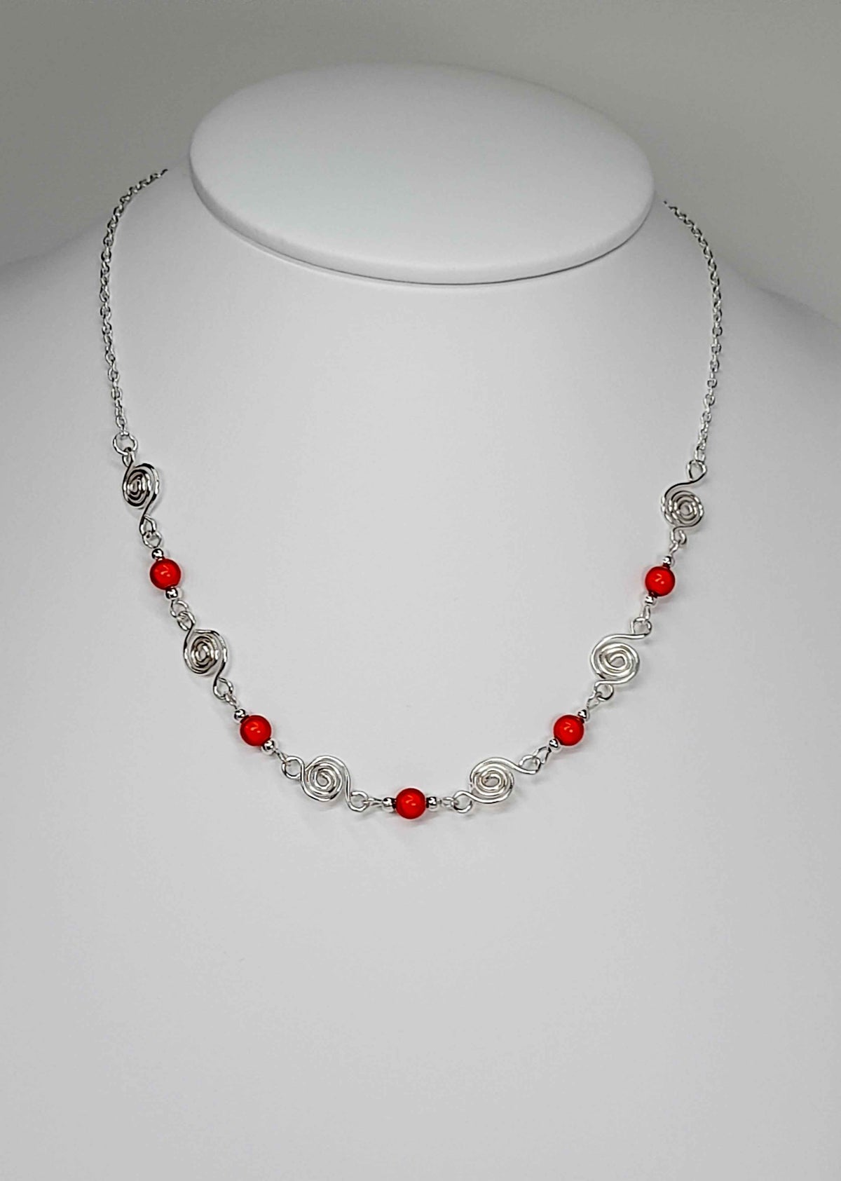 Dainty Silver Spiral Necklace with Red Miracle Beads,  Handmade Lightweight Jewellery