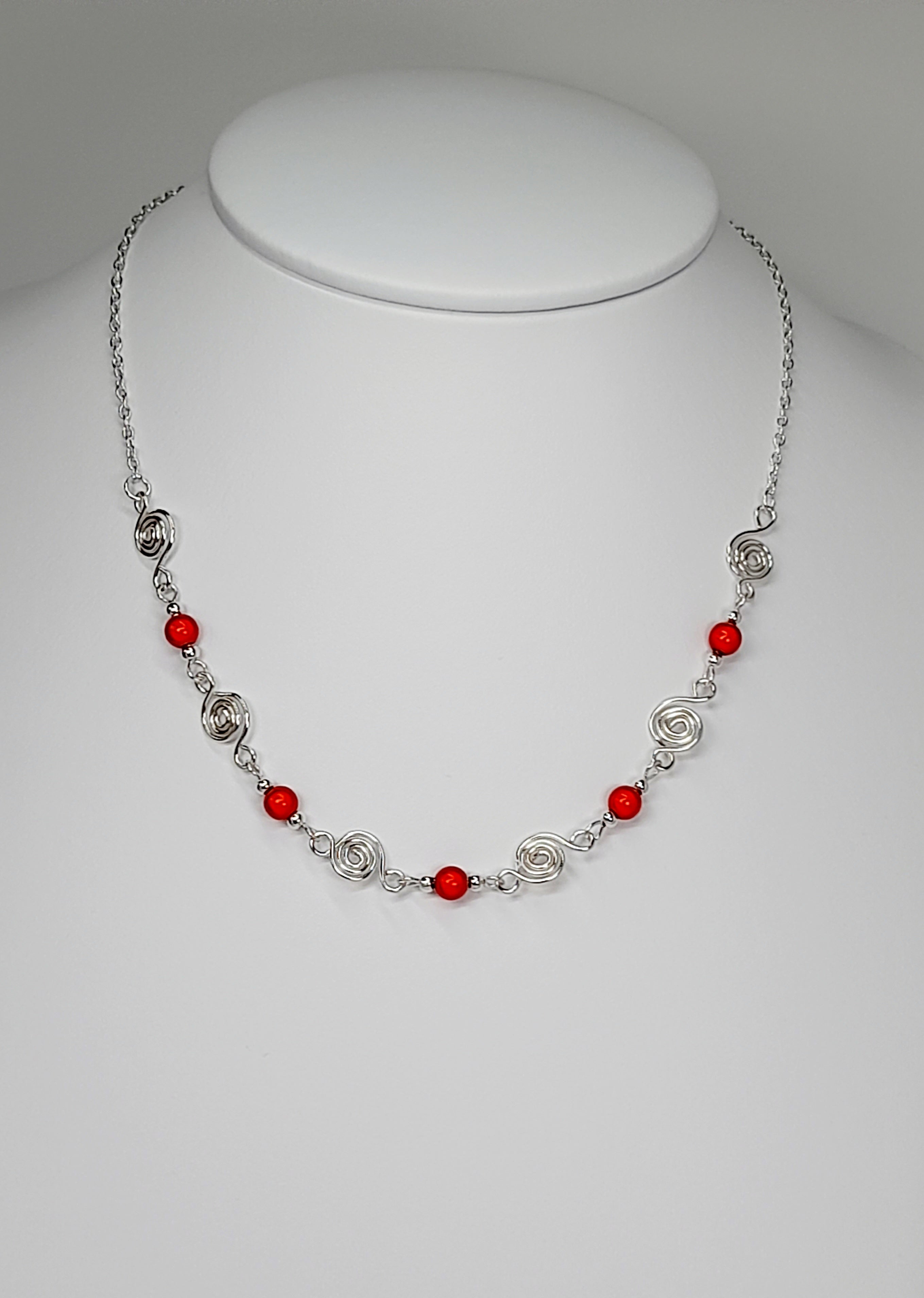 Dainty Silver Spiral Necklace with Red Miracle Beads,  Handmade Lightweight Jewellery