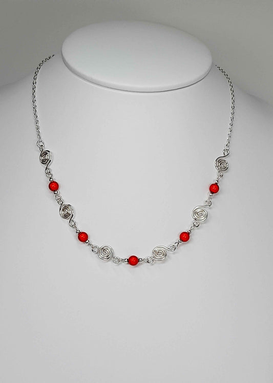 Dainty Silver Spiral Necklace with Red Miracle Beads,  Handmade Lightweight Jewellery