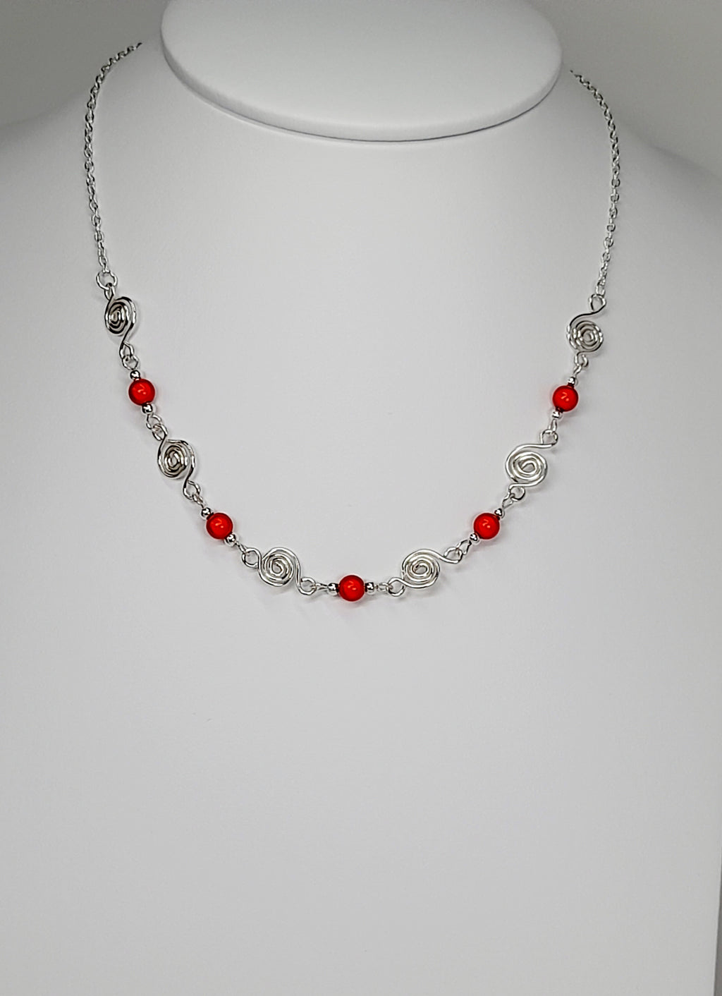 Dainty Silver Spiral Necklace with Red Miracle Beads,  Handmade Lightweight Jewellery