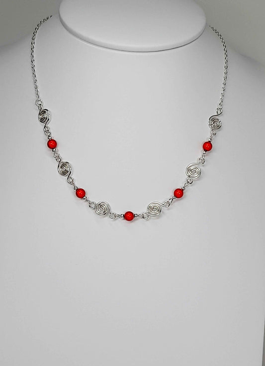 Dainty Silver Spiral Necklace with Red Miracle Beads,  Handmade Lightweight Jewellery
