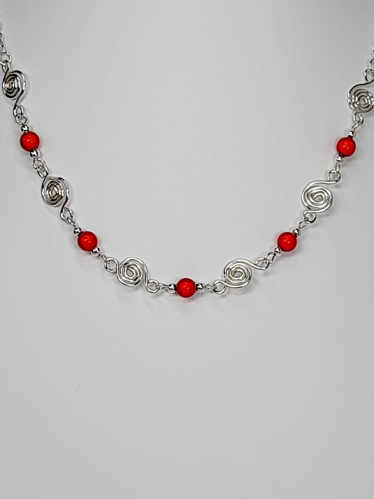 Dainty Silver Spiral Necklace with Red Miracle Beads,  Handmade Lightweight Jewellery