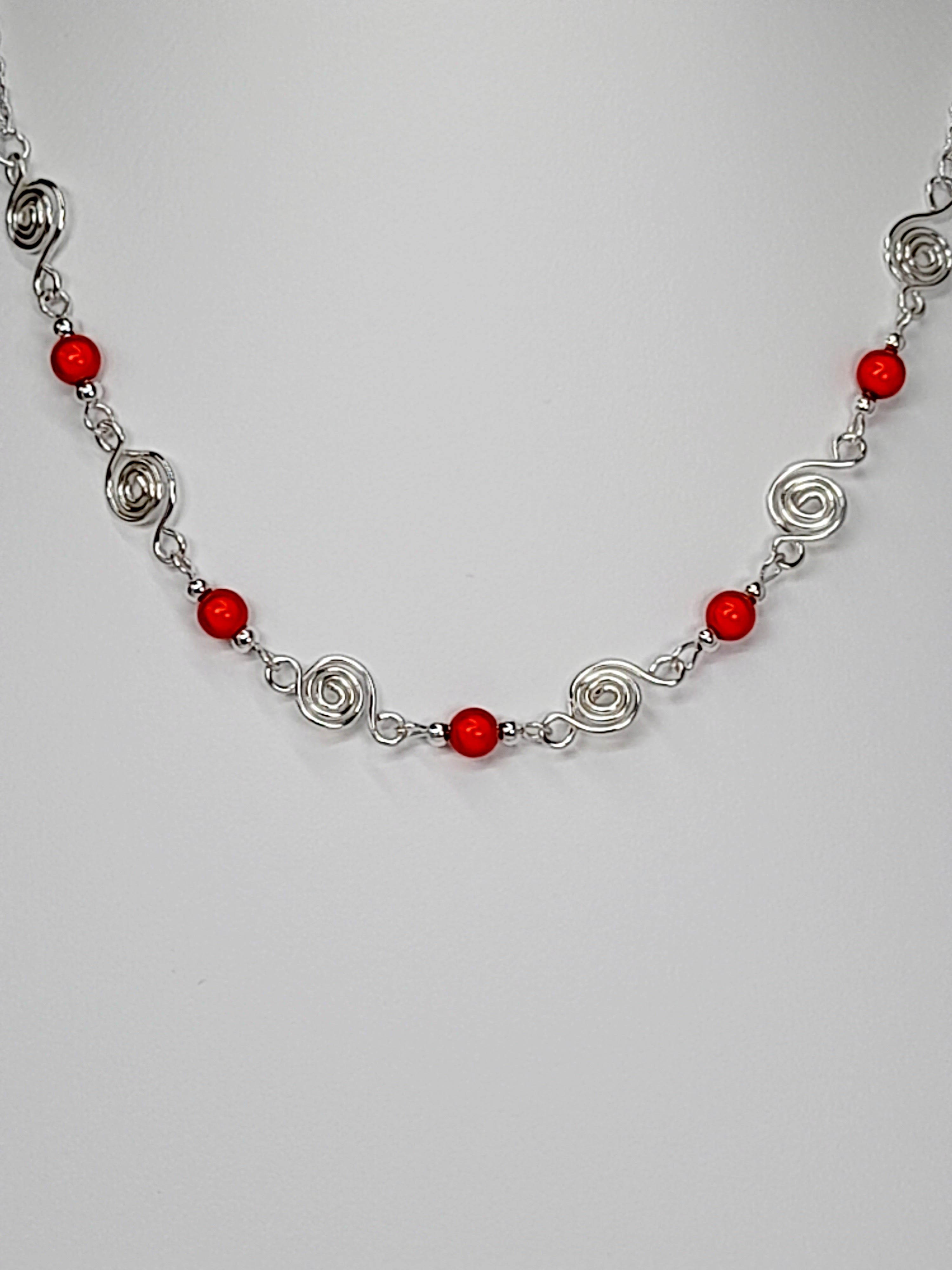 Dainty Silver Spiral Necklace with Red Miracle Beads,  Handmade Lightweight Jewellery