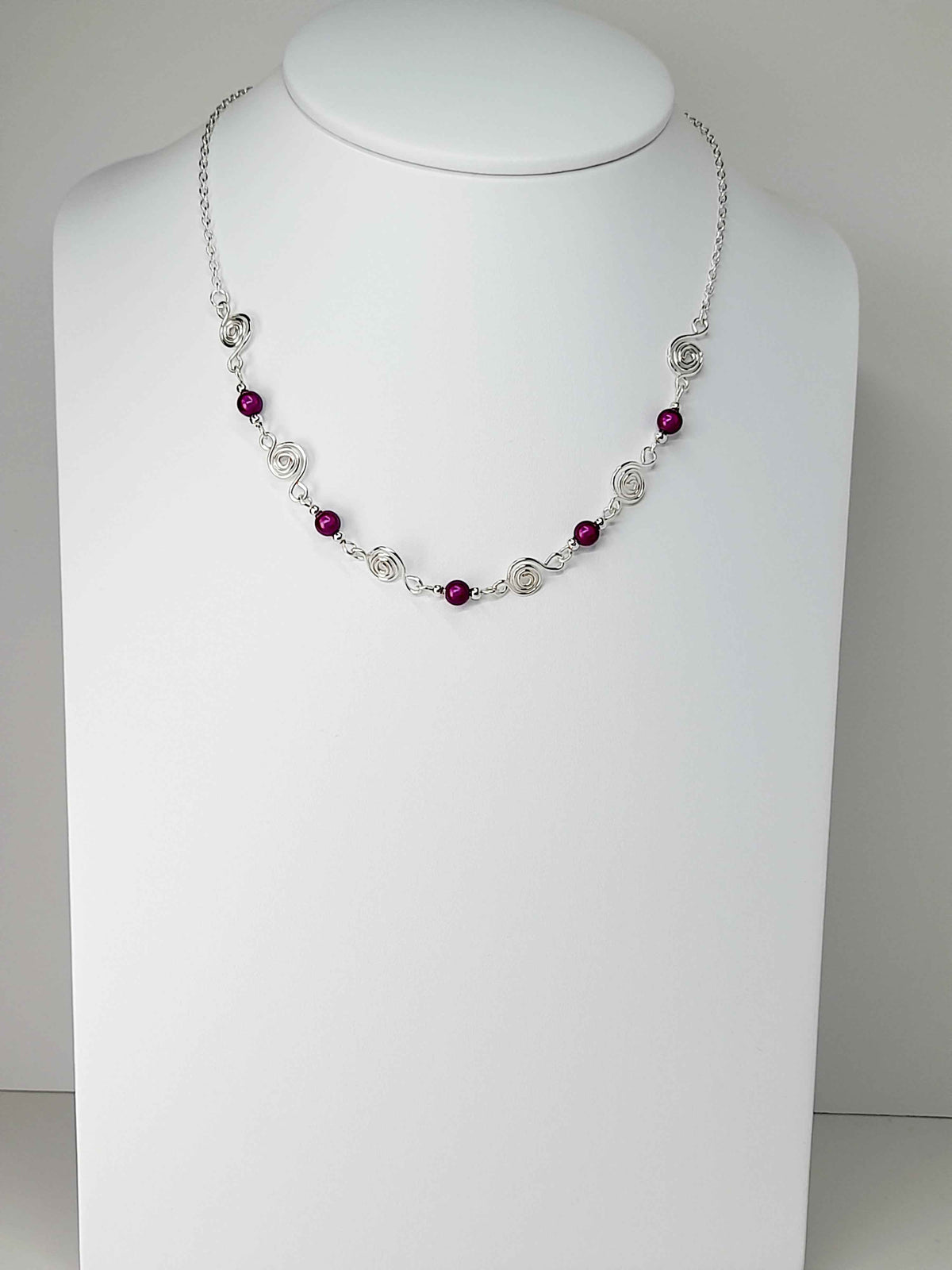 Dainty Silver Spiral Necklace with Purple Miracle Beads,  Handmade Lightweight Jewellery