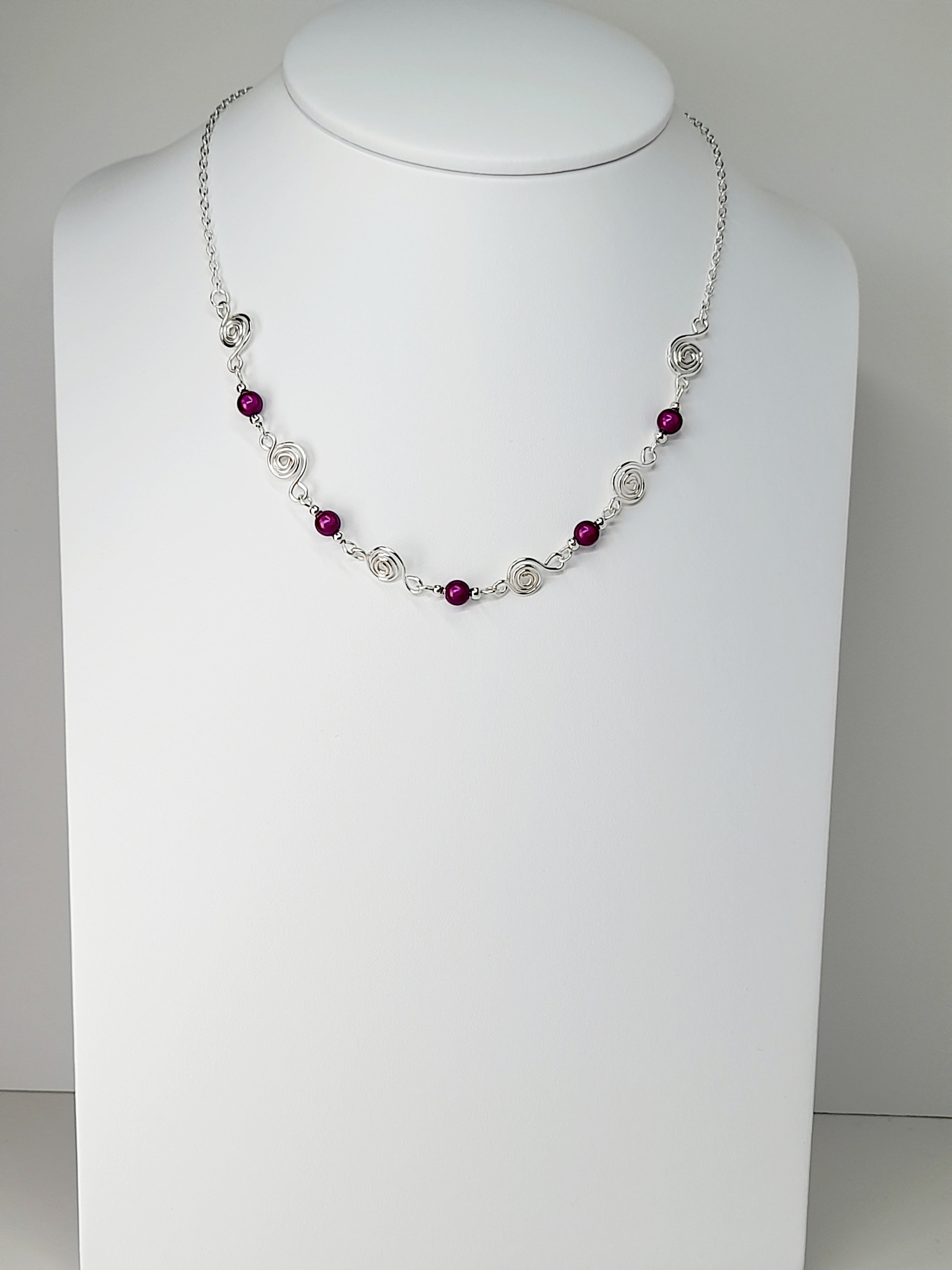Dainty Silver Spiral Necklace with Purple Miracle Beads,  Handmade Lightweight Jewellery