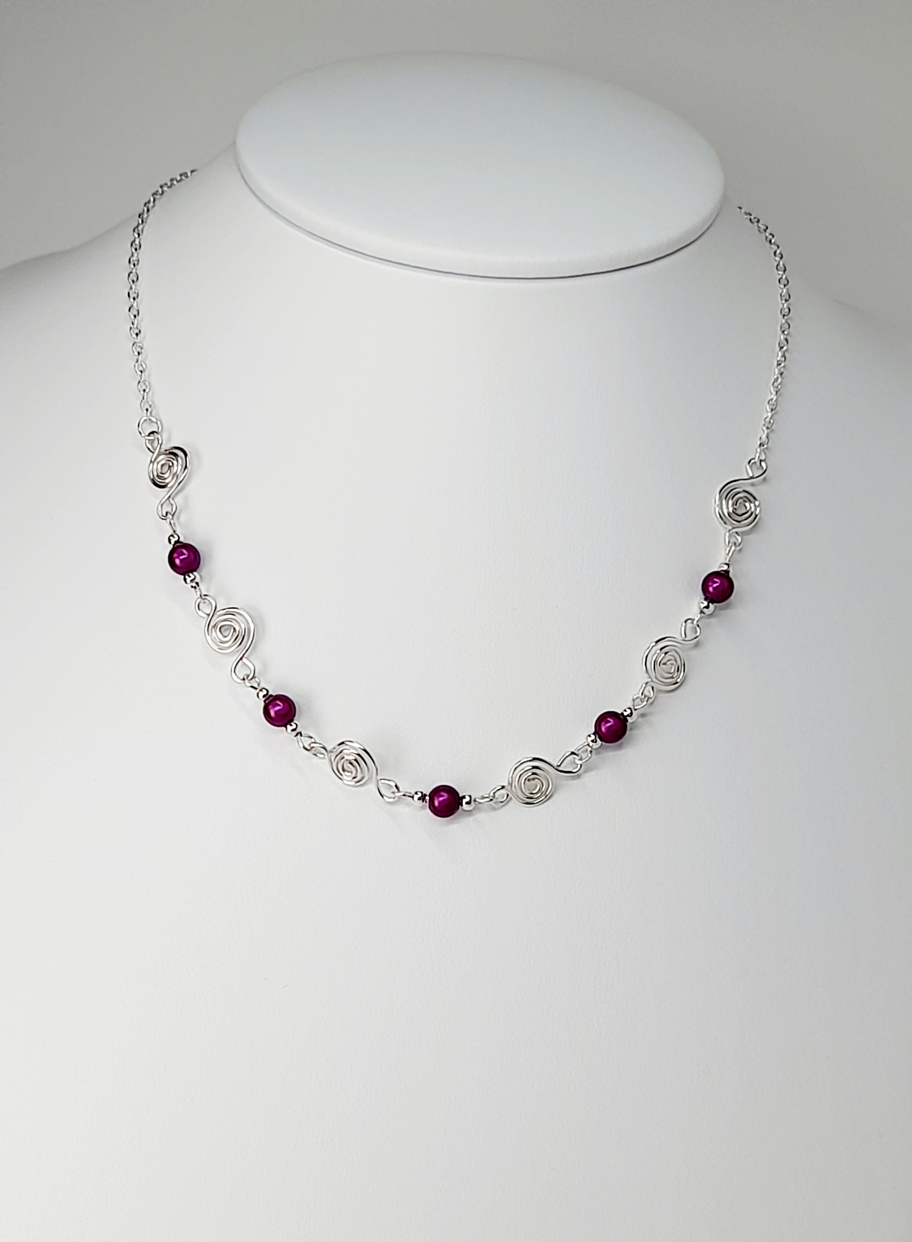 Dainty Silver Spiral Necklace with Purple Miracle Beads,  Handmade Lightweight Jewellery