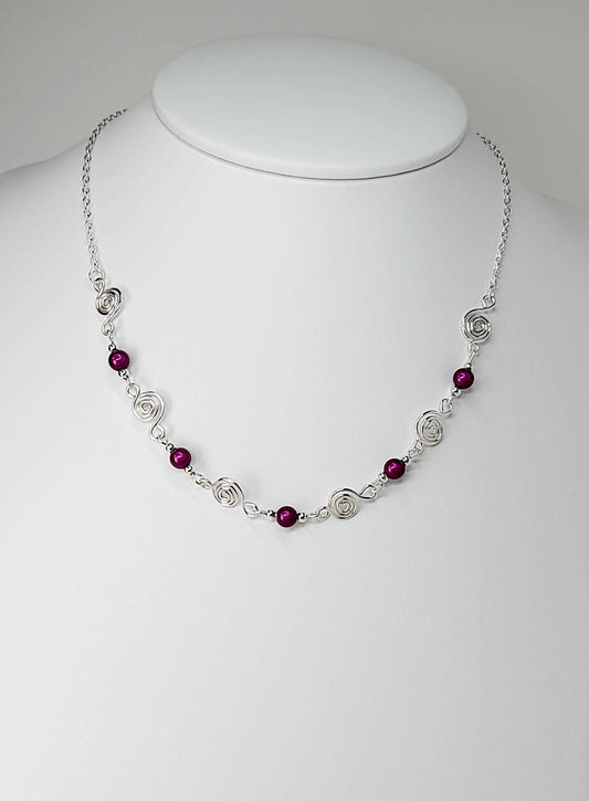 Dainty Silver Spiral Necklace with Purple Miracle Beads,  Handmade Lightweight Jewellery