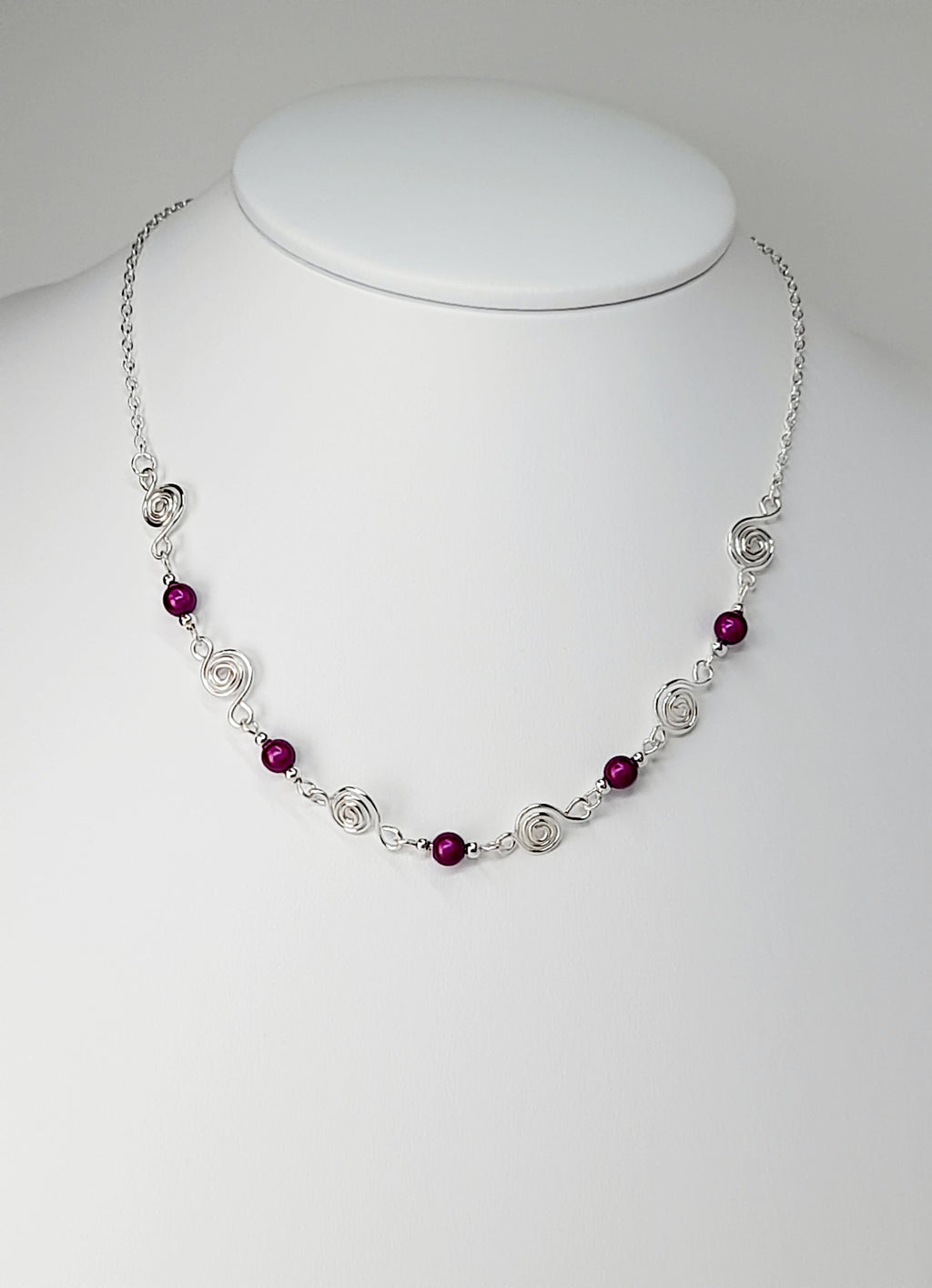 Dainty Silver Spiral Necklace with Purple Miracle Beads,  Handmade Lightweight Jewellery