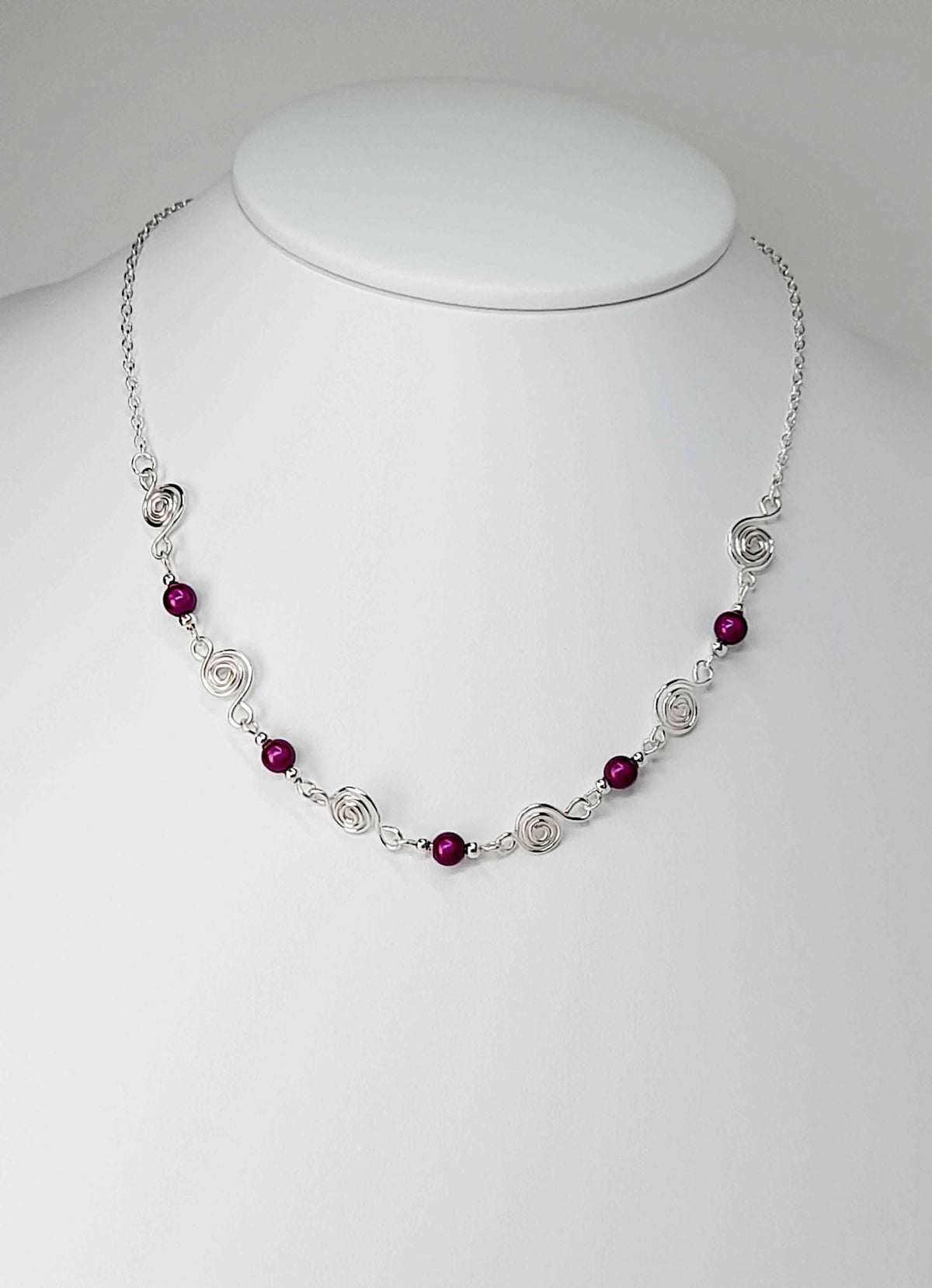 Dainty Silver Spiral Necklace with Purple Miracle Beads,  Handmade Lightweight Jewellery