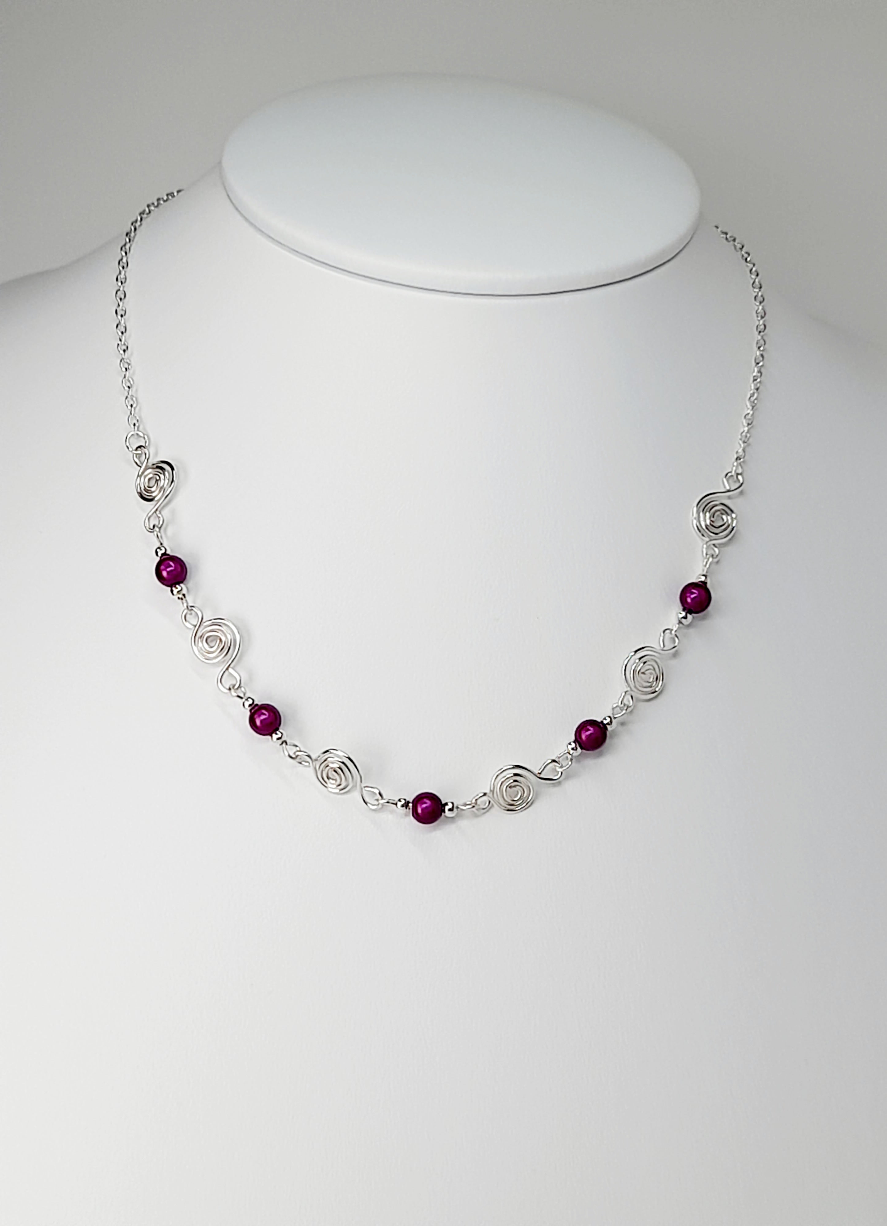 Dainty Silver Spiral Necklace with Purple Miracle Beads,  Handmade Lightweight Jewellery