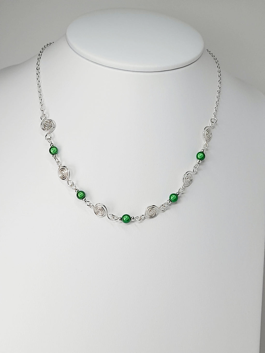Dainty Silver Spiral Necklace with Green Miracle Beads,  Handmade Lightweight Jewellery