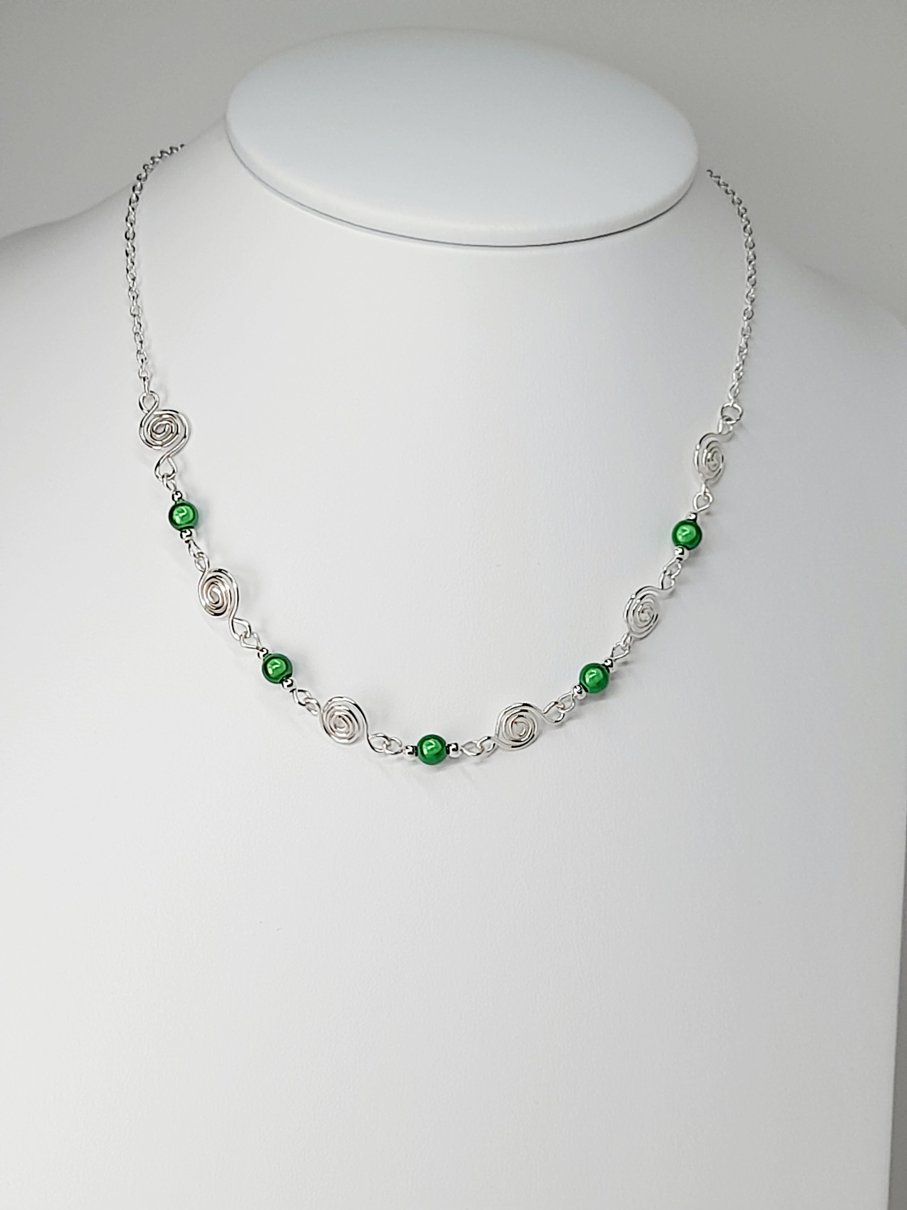 Dainty Silver Spiral Necklace with Green Miracle Beads,  Handmade Lightweight Jewellery