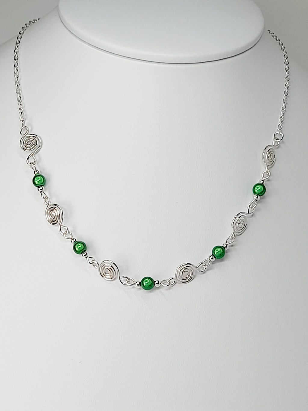 Dainty Silver Spiral Necklace with Green Miracle Beads,  Handmade Lightweight Jewellery