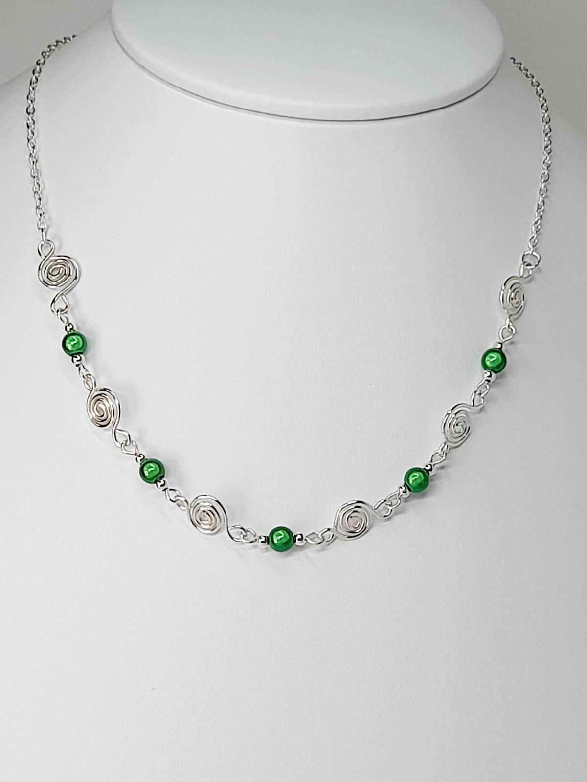 Dainty Silver Spiral Necklace with Green Miracle Beads,  Handmade Lightweight Jewellery