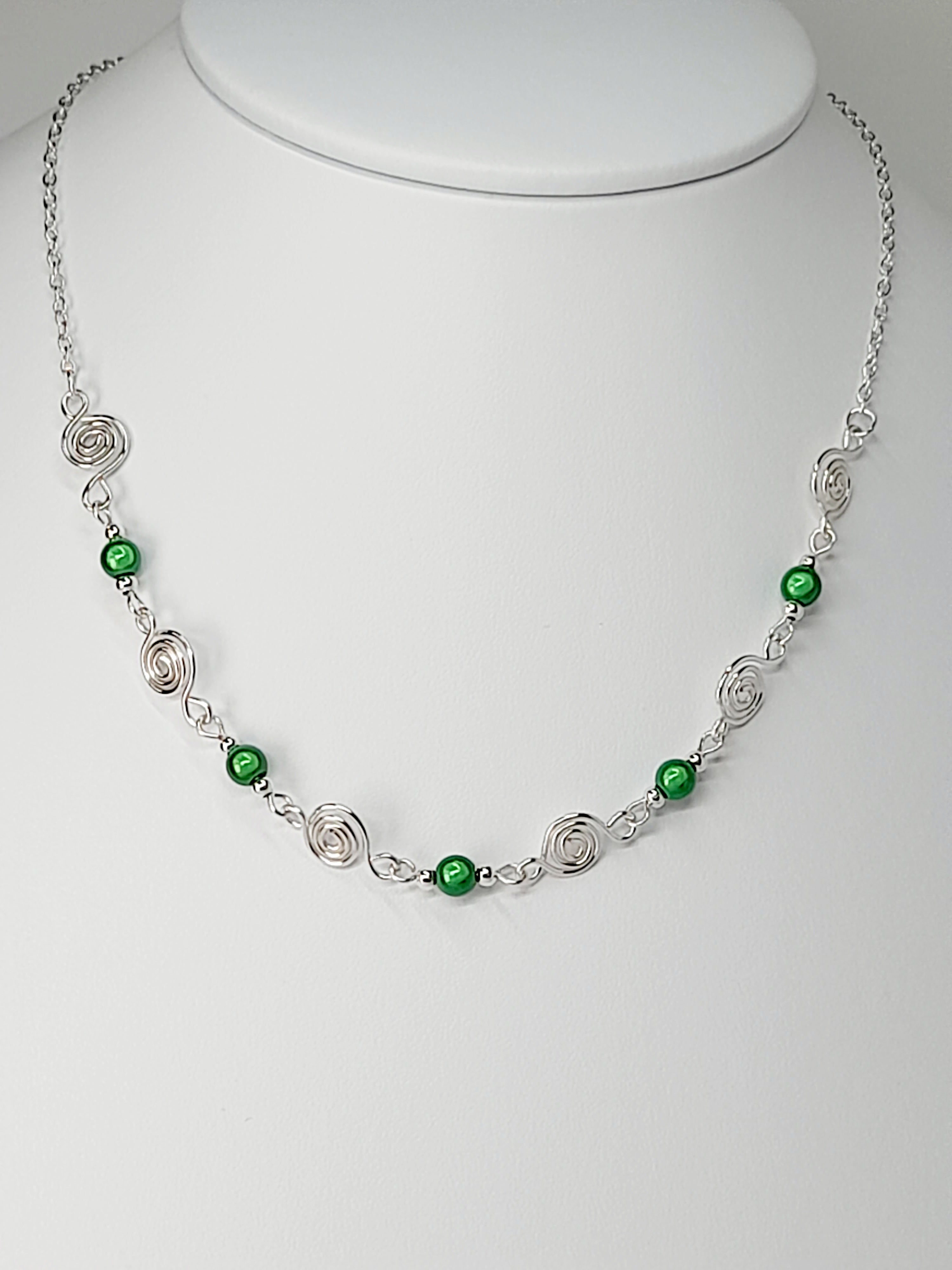 Dainty Silver Spiral Necklace with Green Miracle Beads,  Handmade Lightweight Jewellery