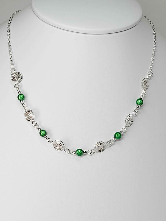 Dainty Silver Spiral Necklace with Green Miracle Beads,  Handmade Lightweight Jewellery