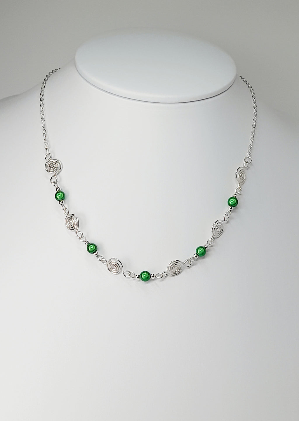 Dainty Silver Spiral Necklace with Green Miracle Beads,  Handmade Lightweight Jewellery