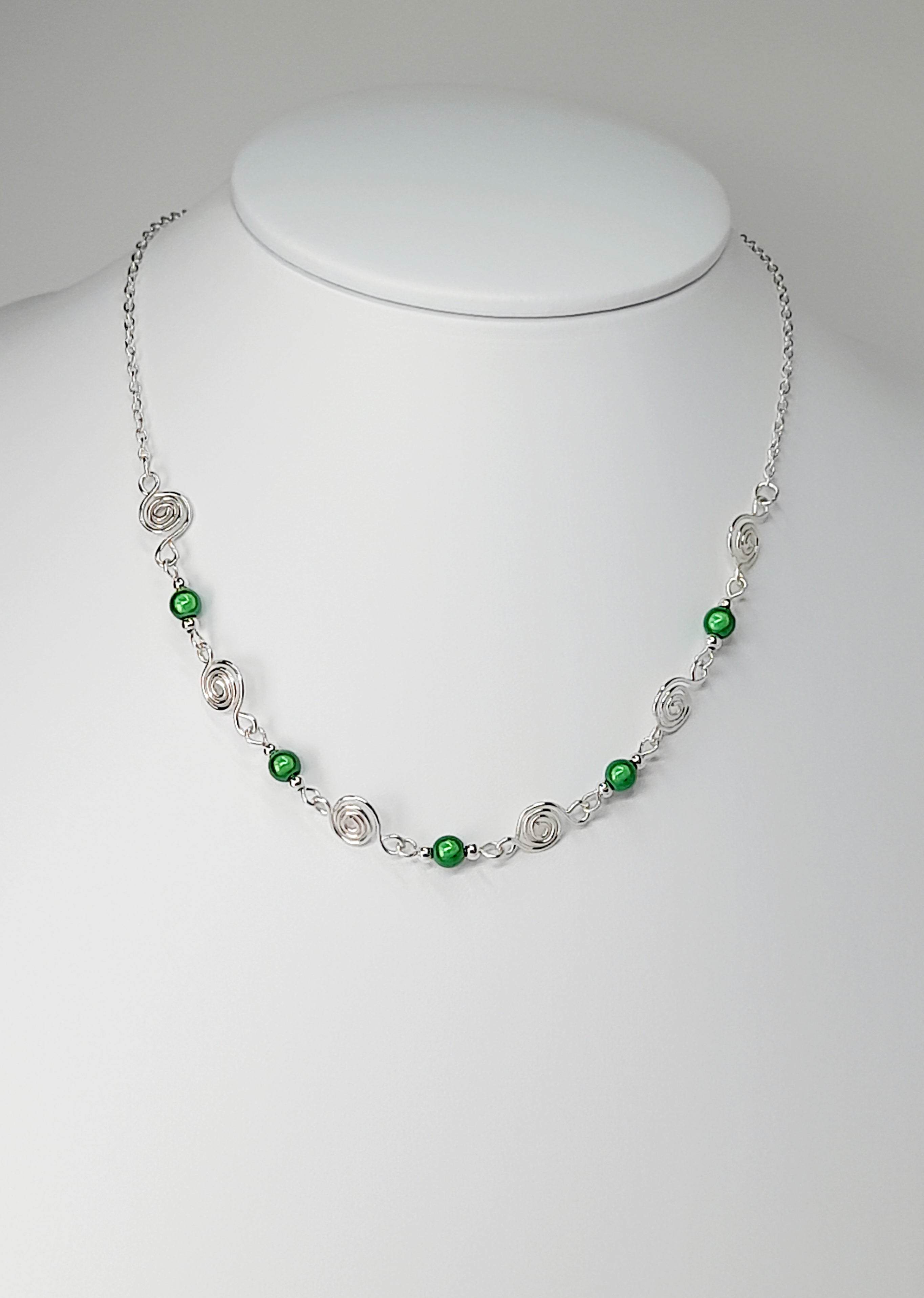 Dainty Silver Spiral Necklace with Green Miracle Beads,  Handmade Lightweight Jewellery