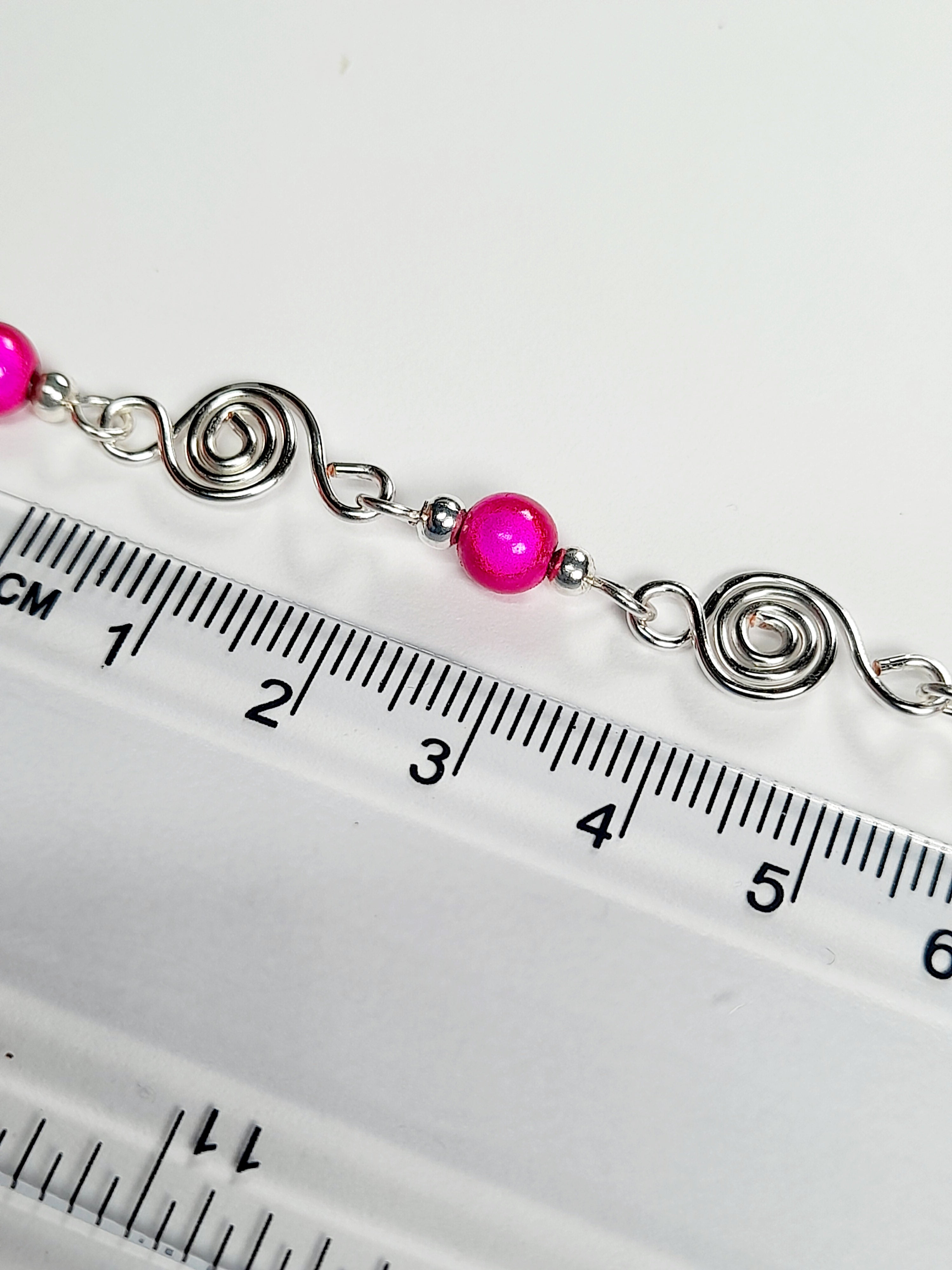 Dainty Silver Spiral Necklace with Hot Pink Miracle Beads,  Handmade Lightweight Jewellery
