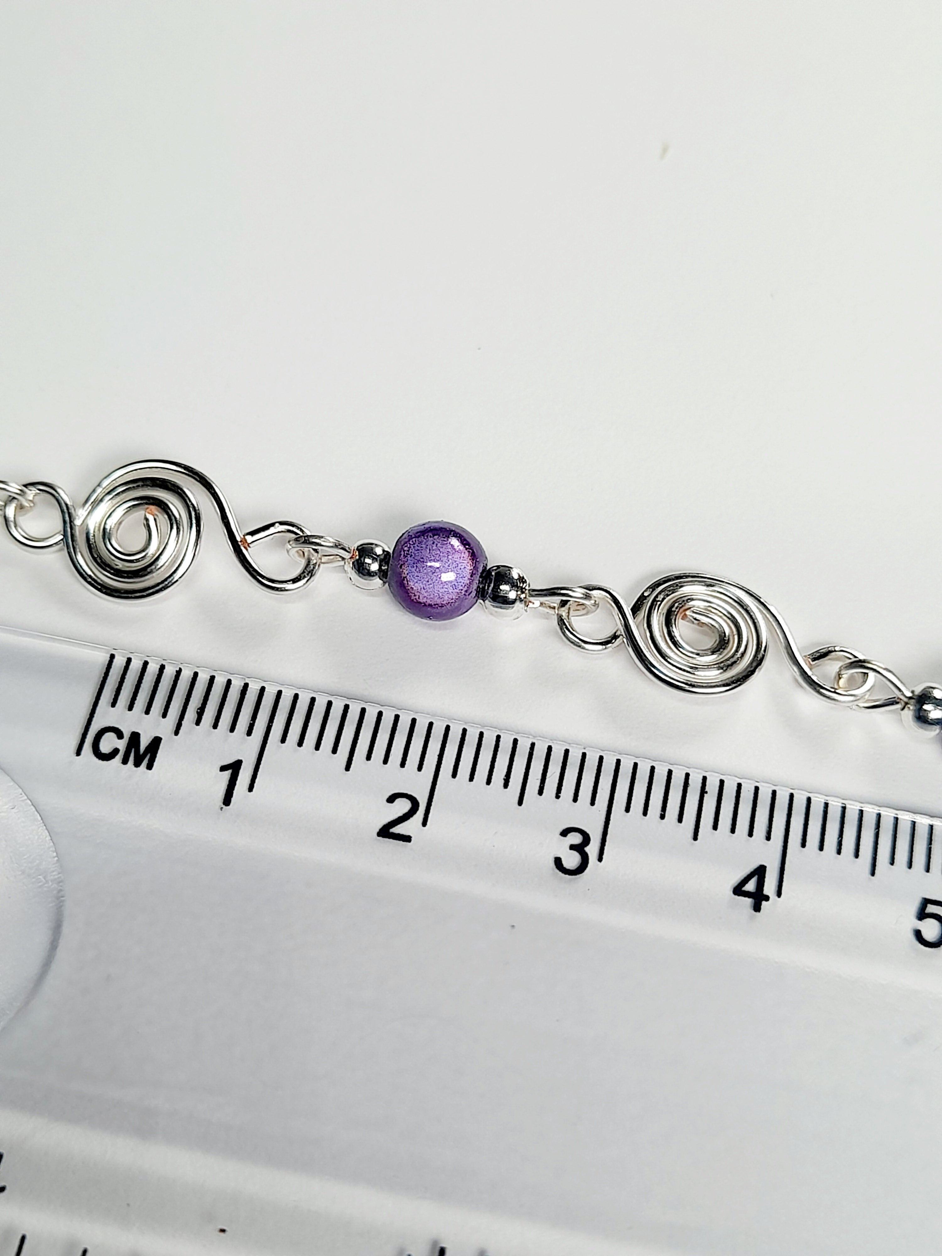 Dainty Silver Spiral Necklace with Lilac Miracle Beads,  Handmade Lightweight Jewellery