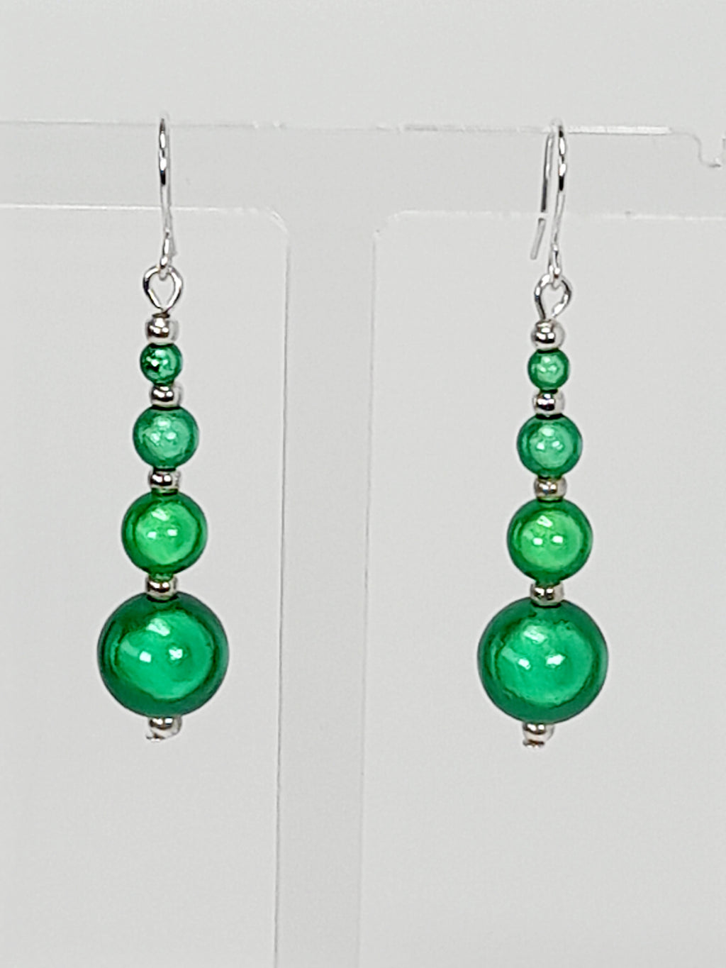 Bright Silver & Green Luminescent Bead Earrings