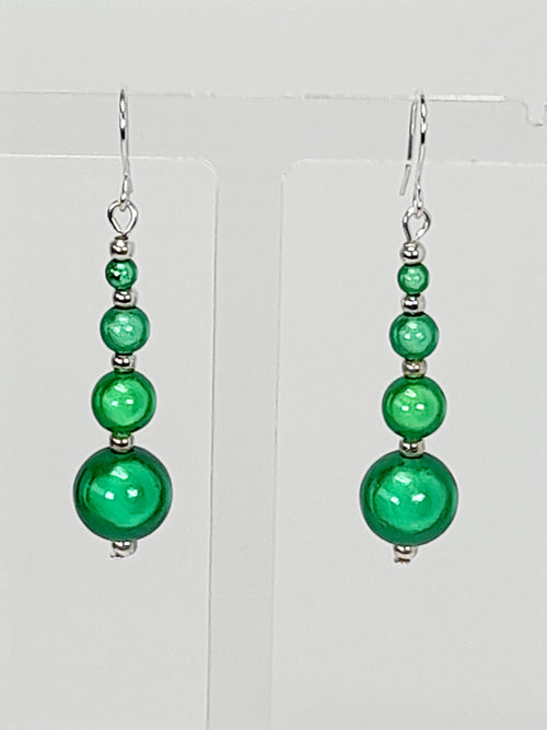 Bright Silver & Green Luminescent Bead Earrings