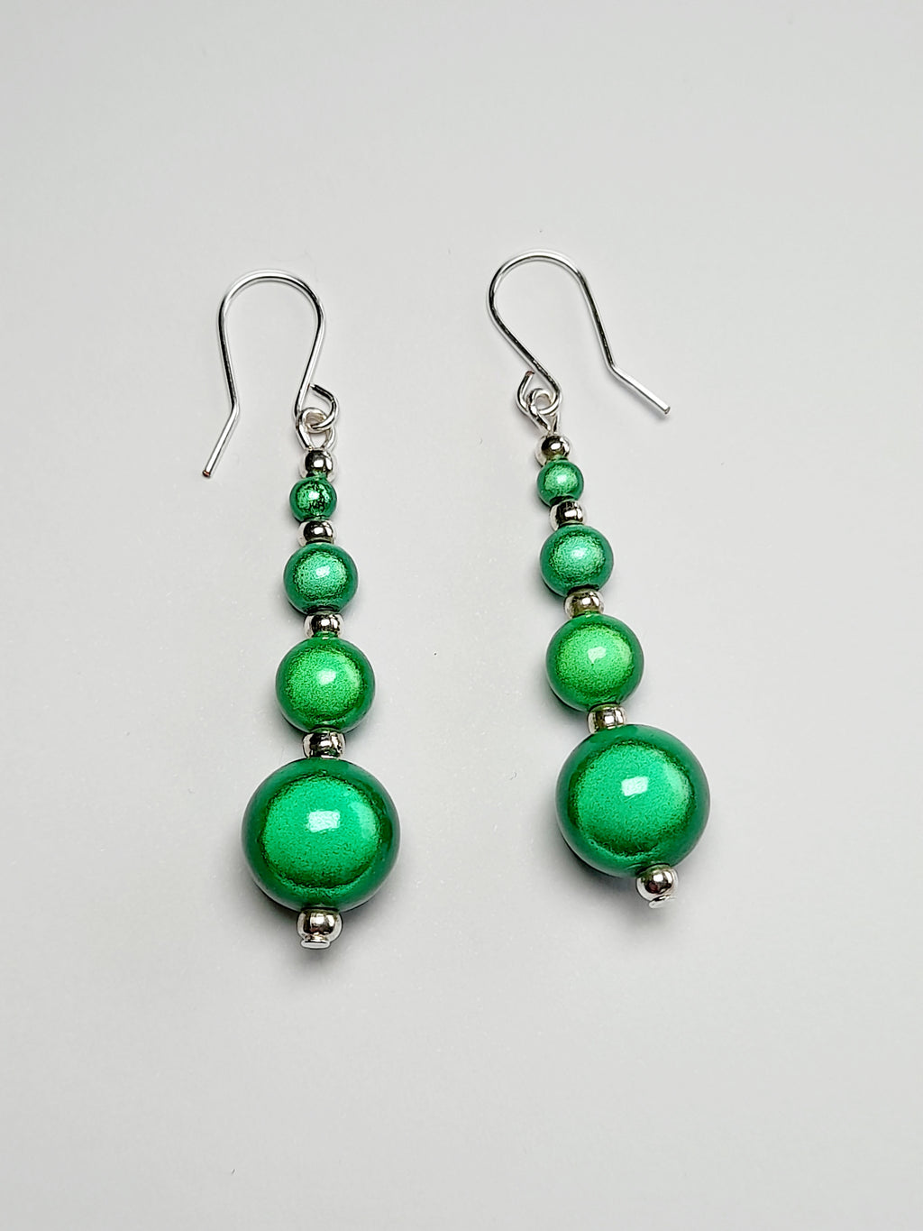 Bright Silver & Green Luminescent Bead Earrings