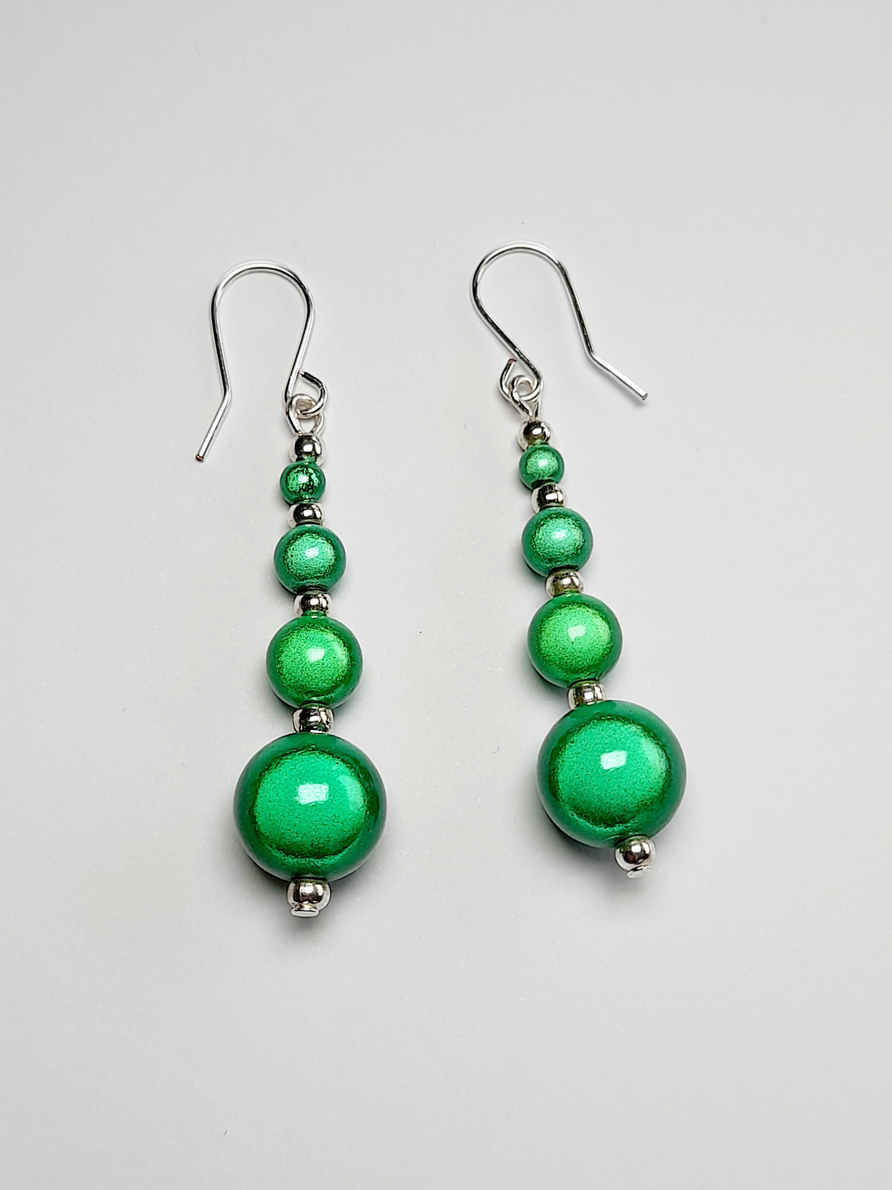 Bright Silver & Green Luminescent Bead Earrings
