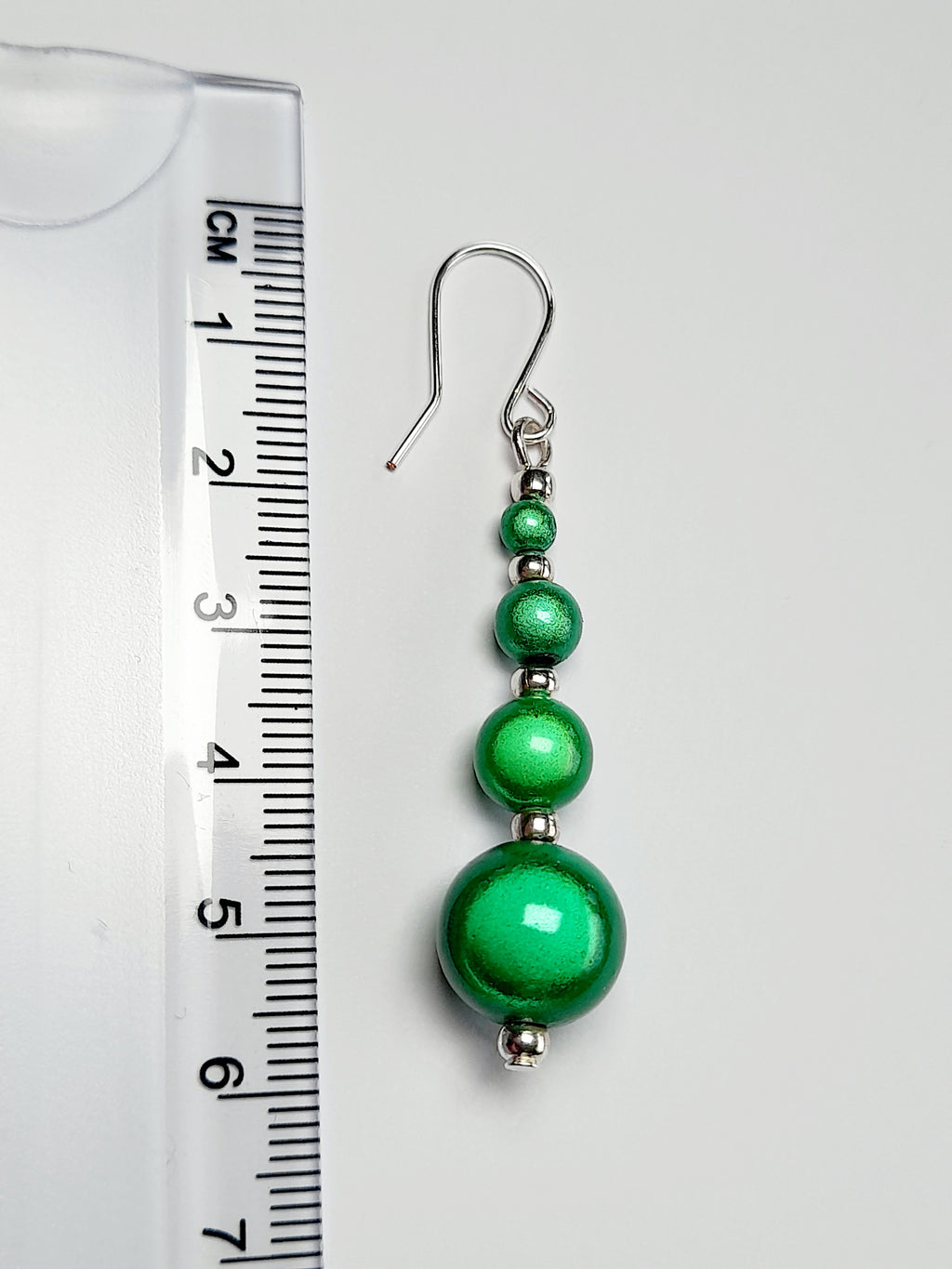 Bright Silver & Green Luminescent Bead Earrings