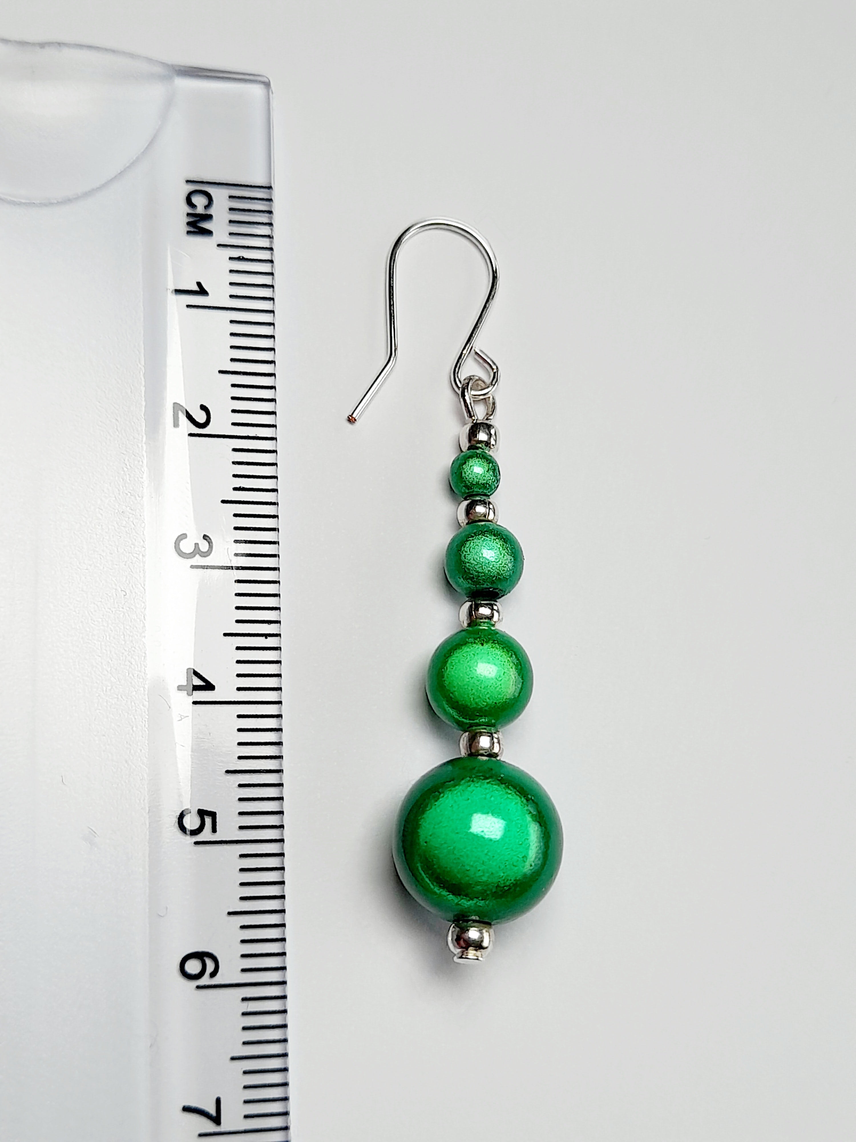 Bright Silver & Green Luminescent Bead Earrings