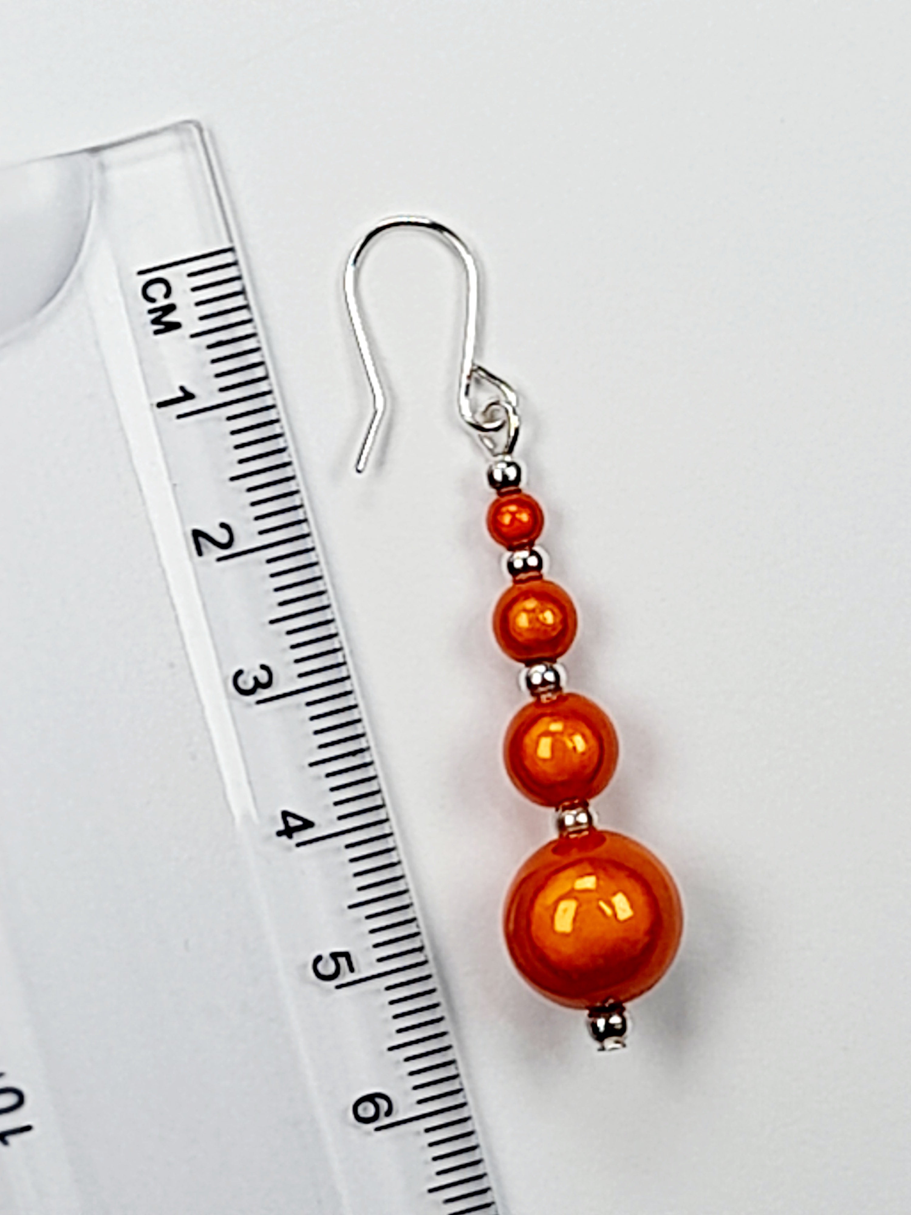 Bright Silver & Orange Luminescent Bead Earrings