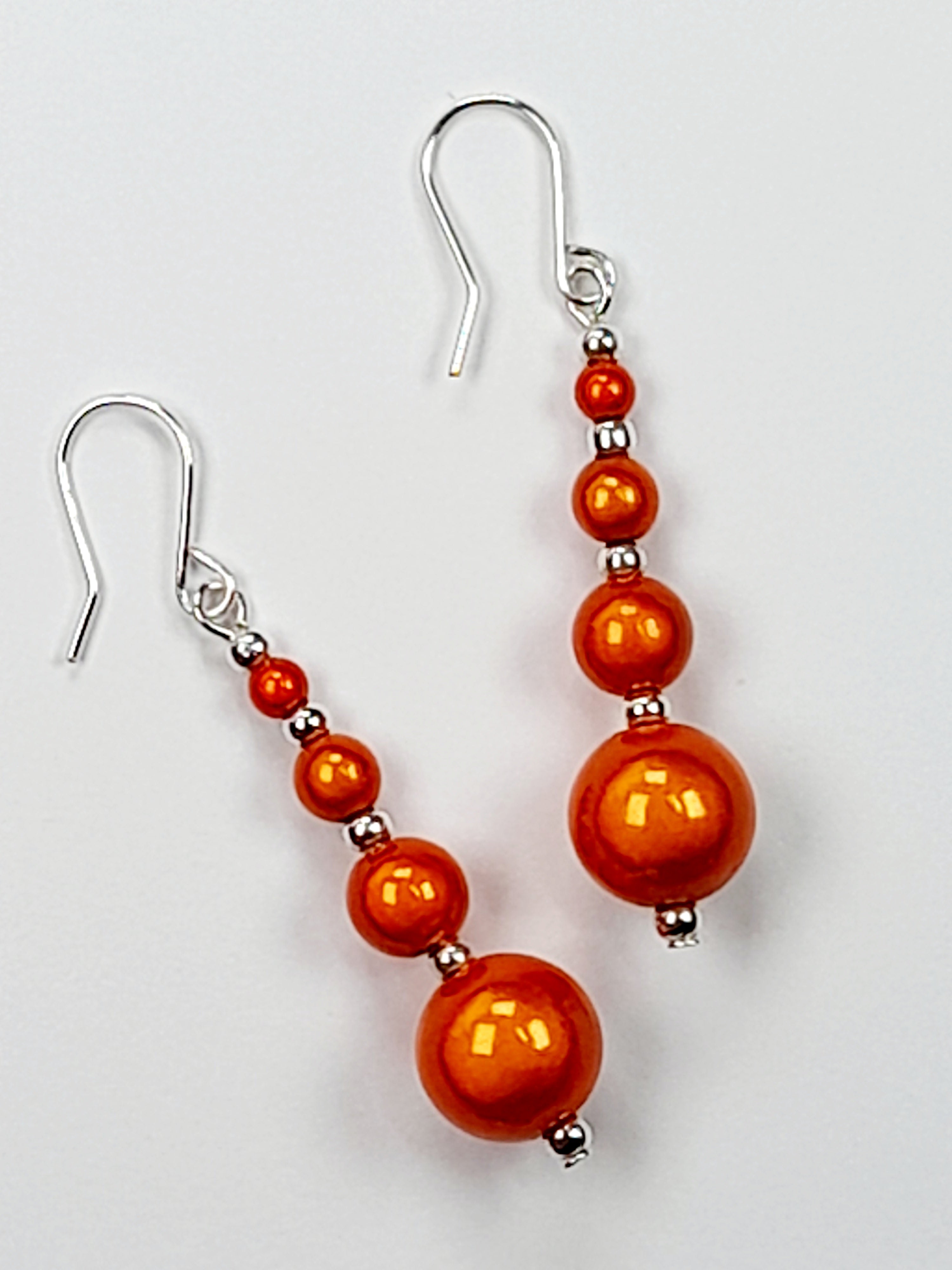 Bright Silver & Orange Luminescent Bead Earrings