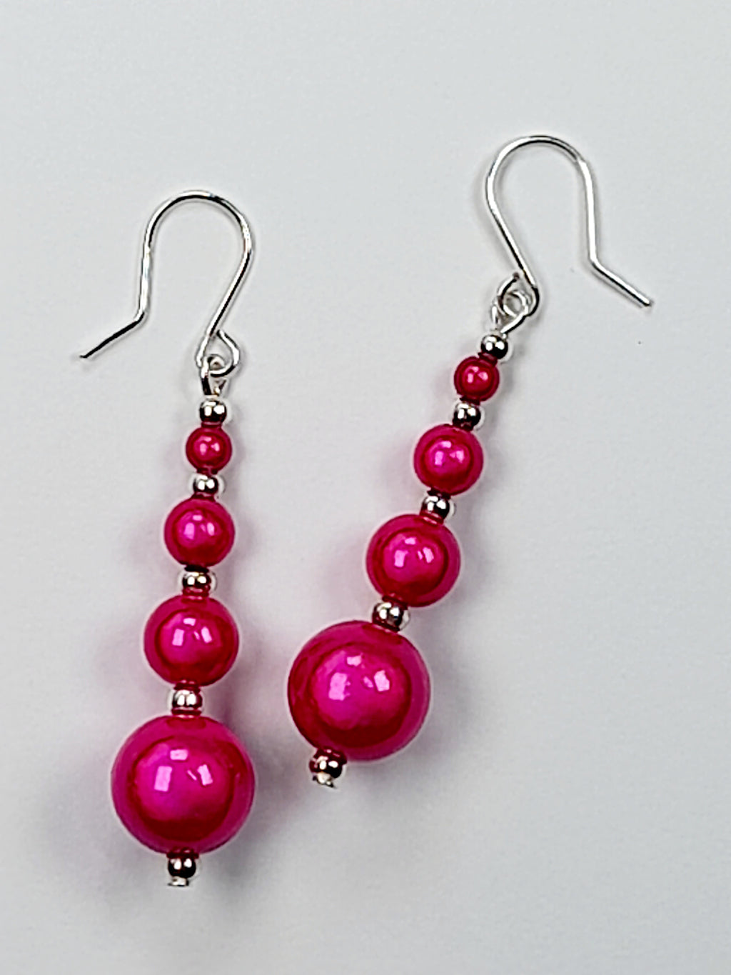 Bright Silver & Hot Pink Luminescent Bead Earrings