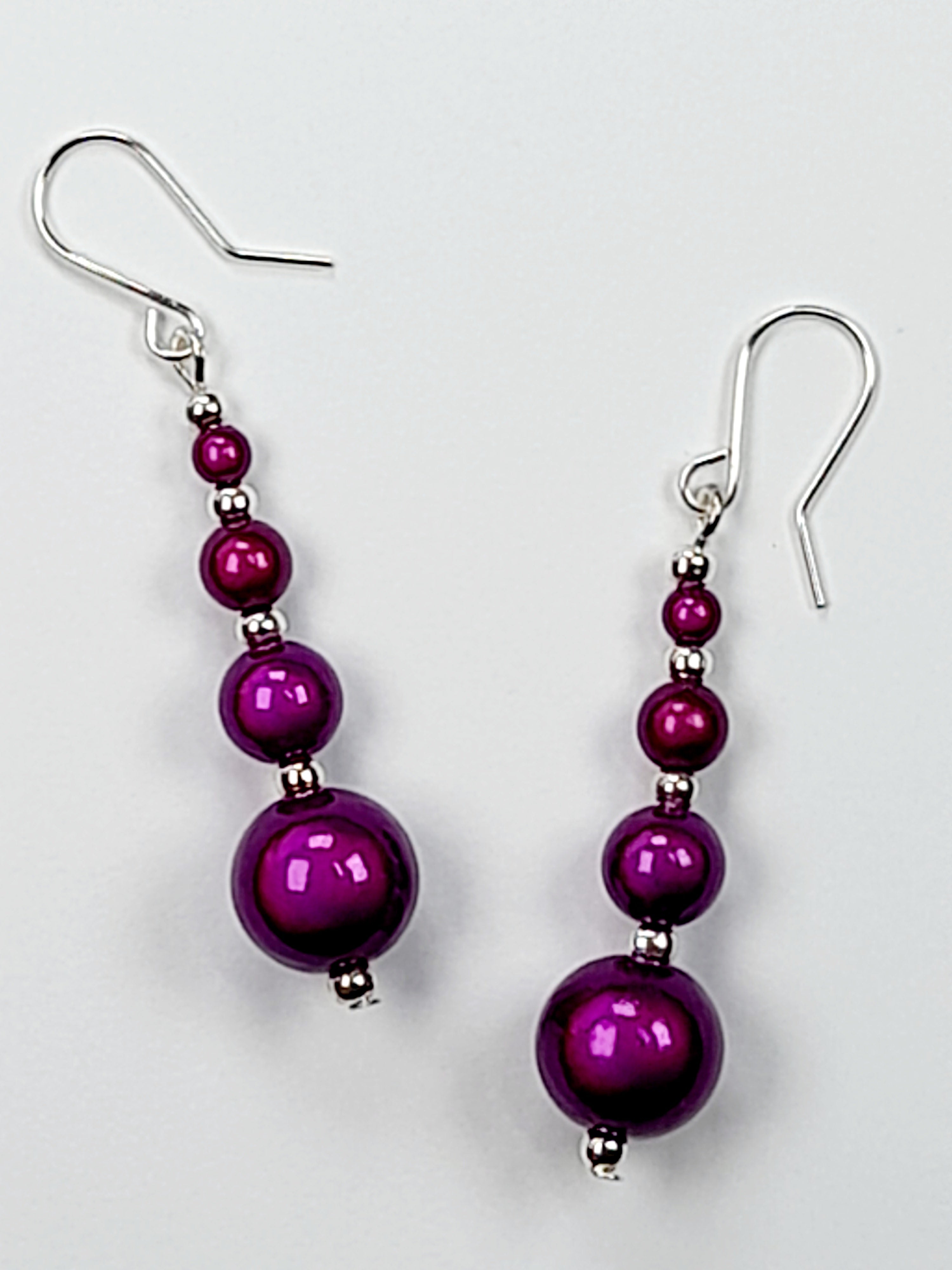 Bright Silver & Purple Luminescent Bead Earrings
