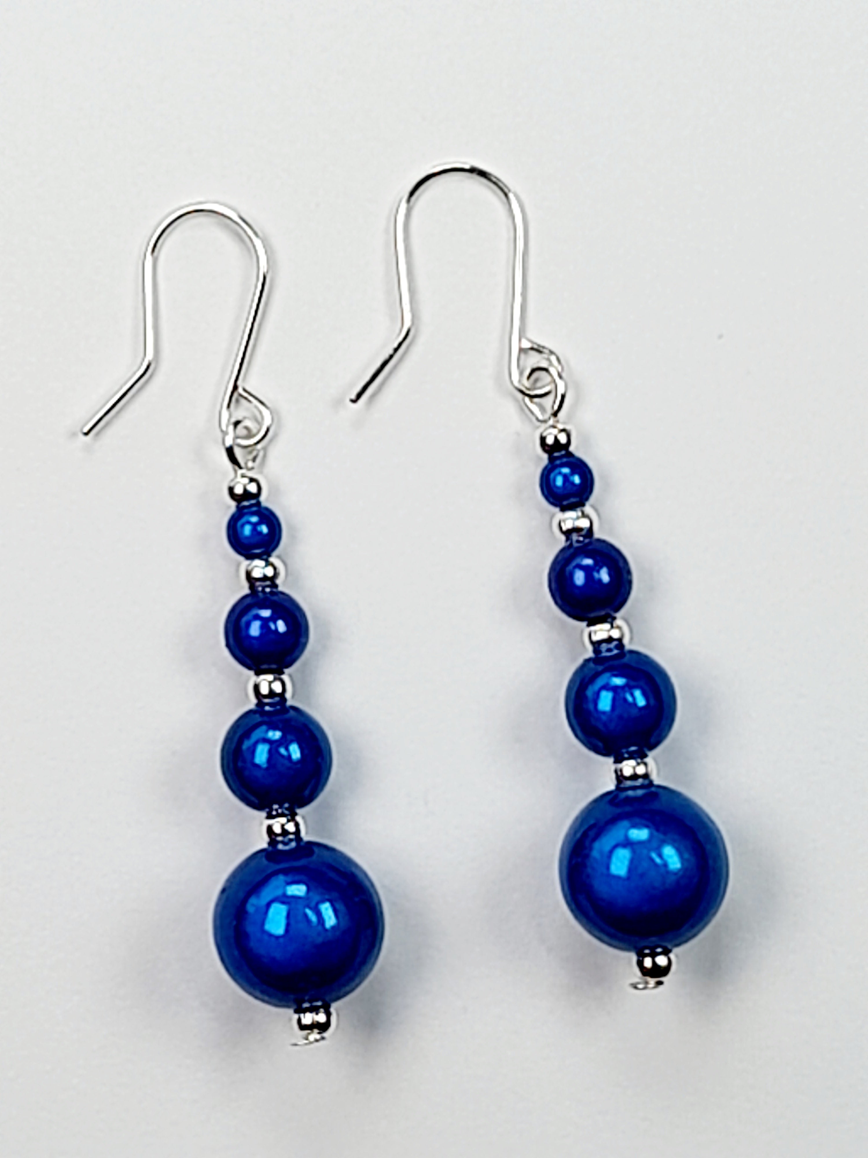 Bright Silver & Blue Luminescent Bead Earrings