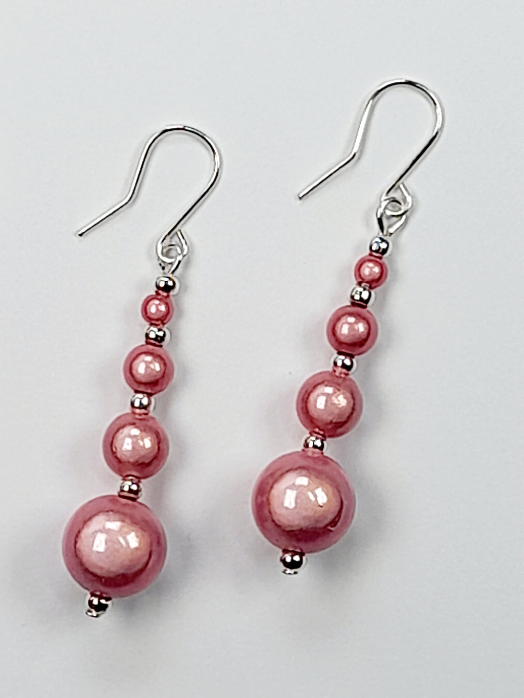 Bright Silver & Pale Pink Luminescent Bead Earrings