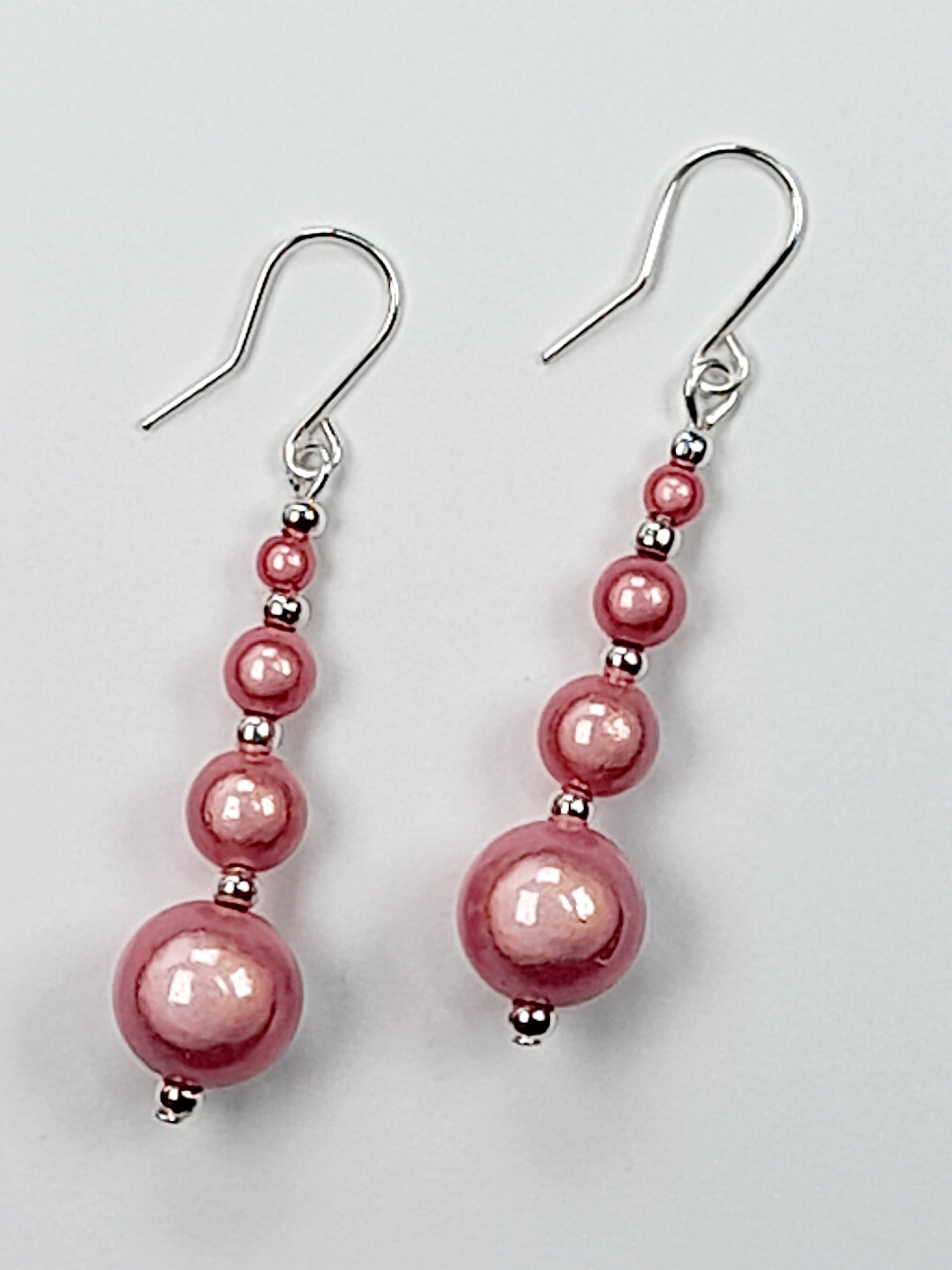Bright Silver & Pale Pink Luminescent Bead Earrings