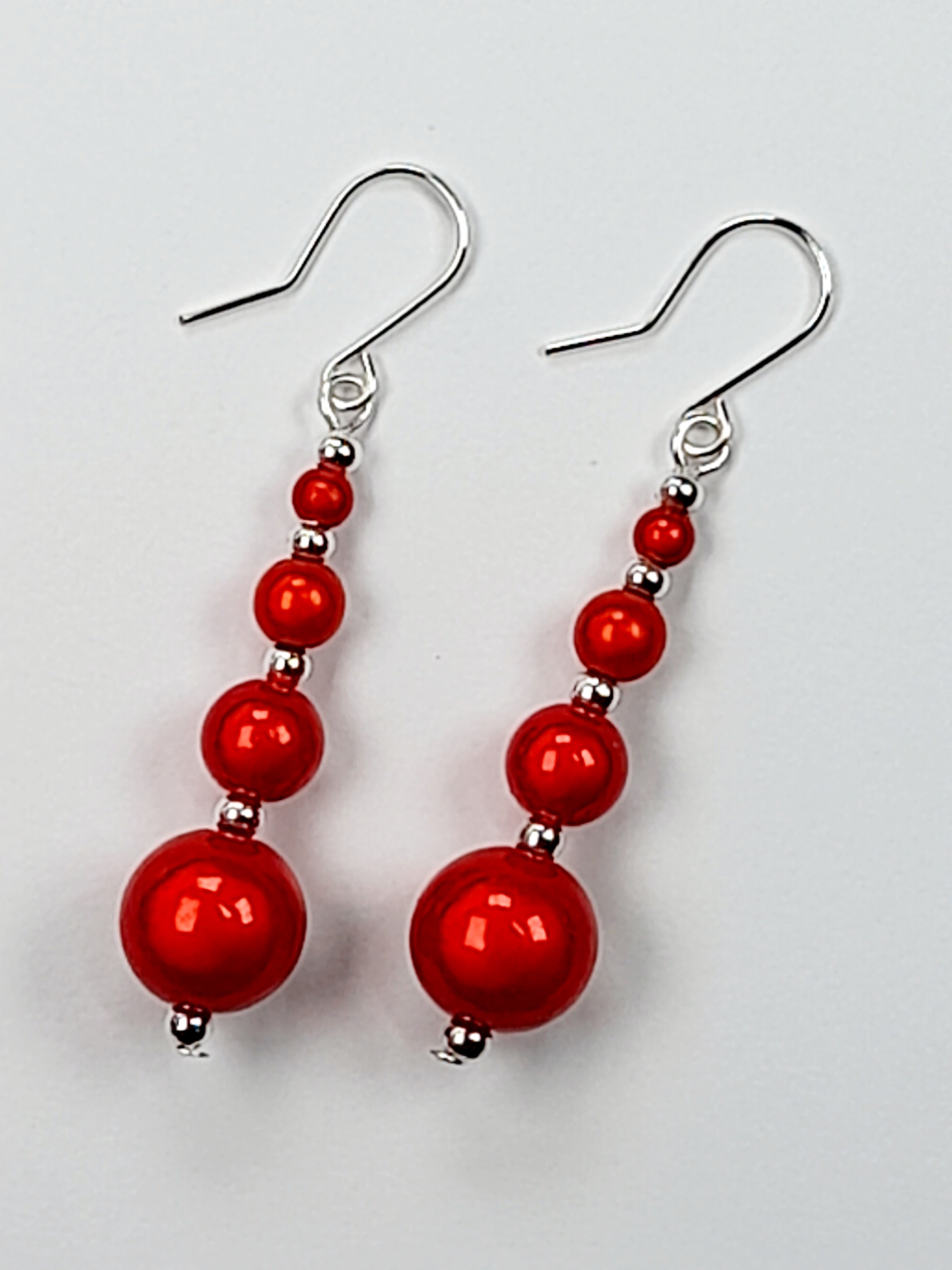 Bright Silver & Red Luminescent Bead Earrings