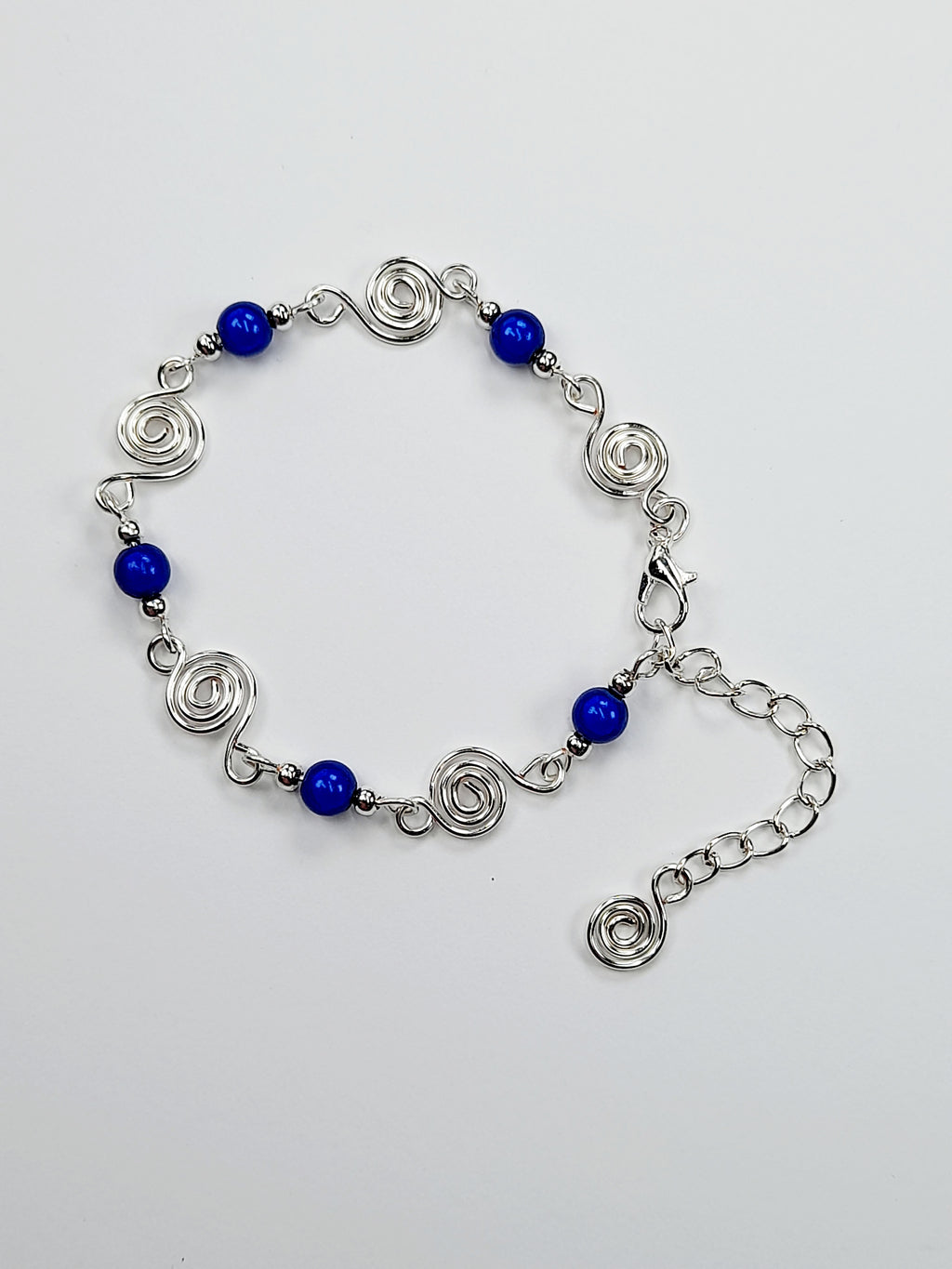 Dainty Silver Spiral & Bright Blue Bead Bracelet, Handmade Adjustable Design