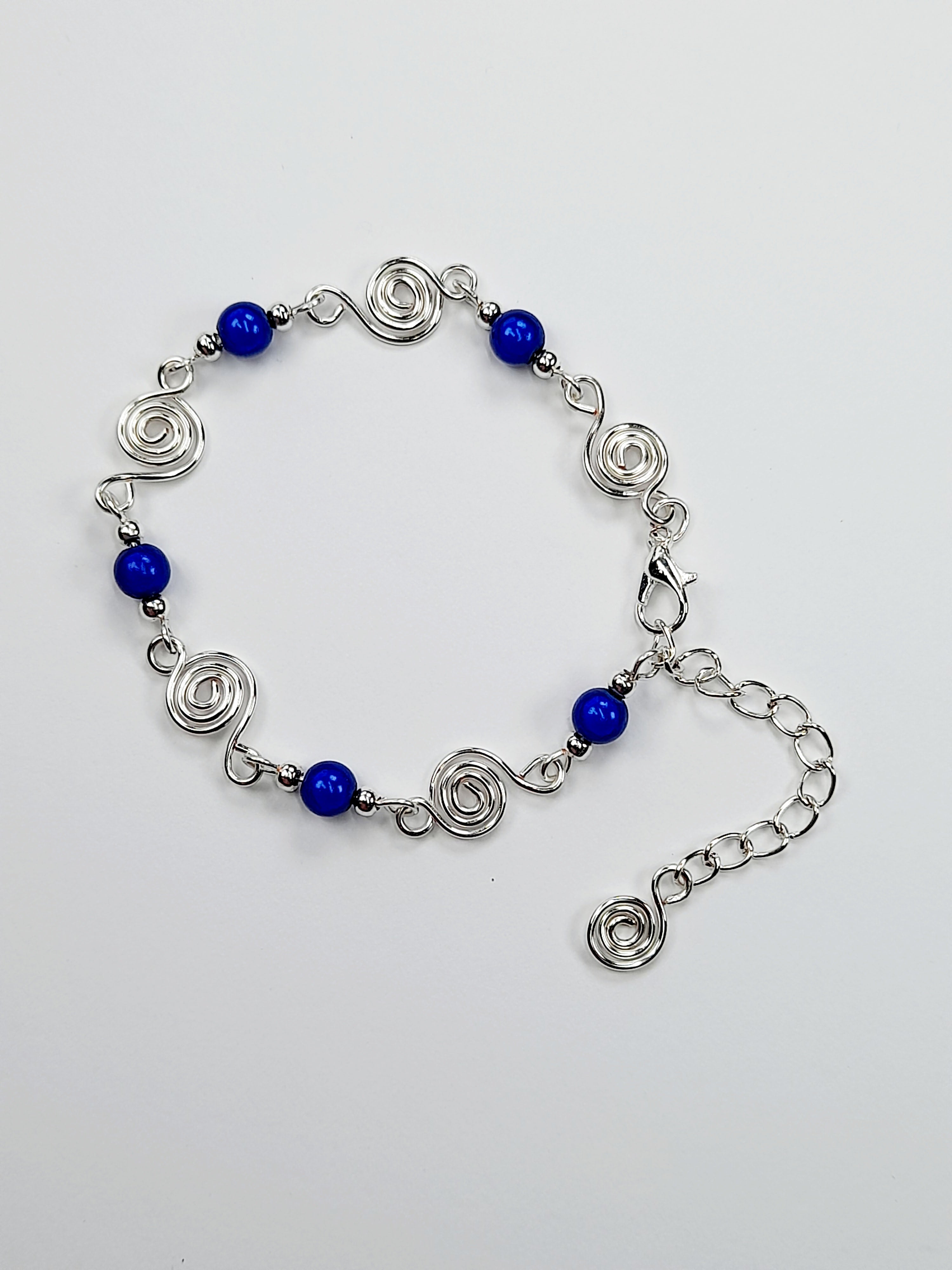 Dainty Silver Spiral & Bright Blue Bead Bracelet, Handmade Adjustable Design