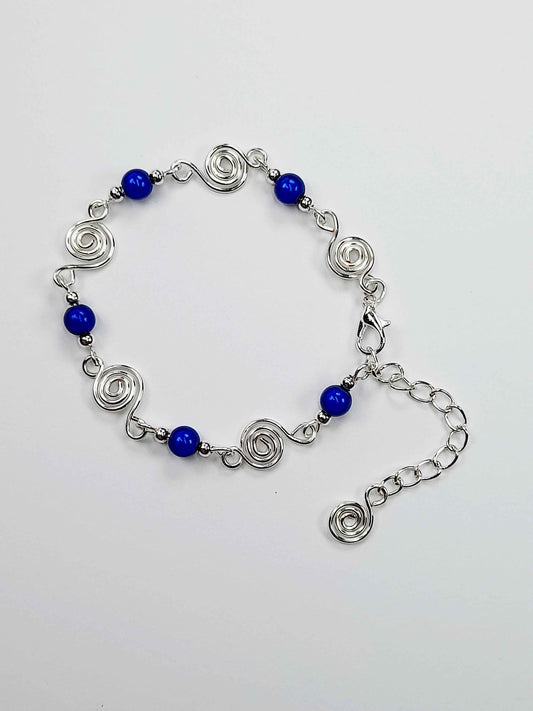 Dainty Silver Spiral & Bright Blue Bead Bracelet, Handmade Adjustable Design