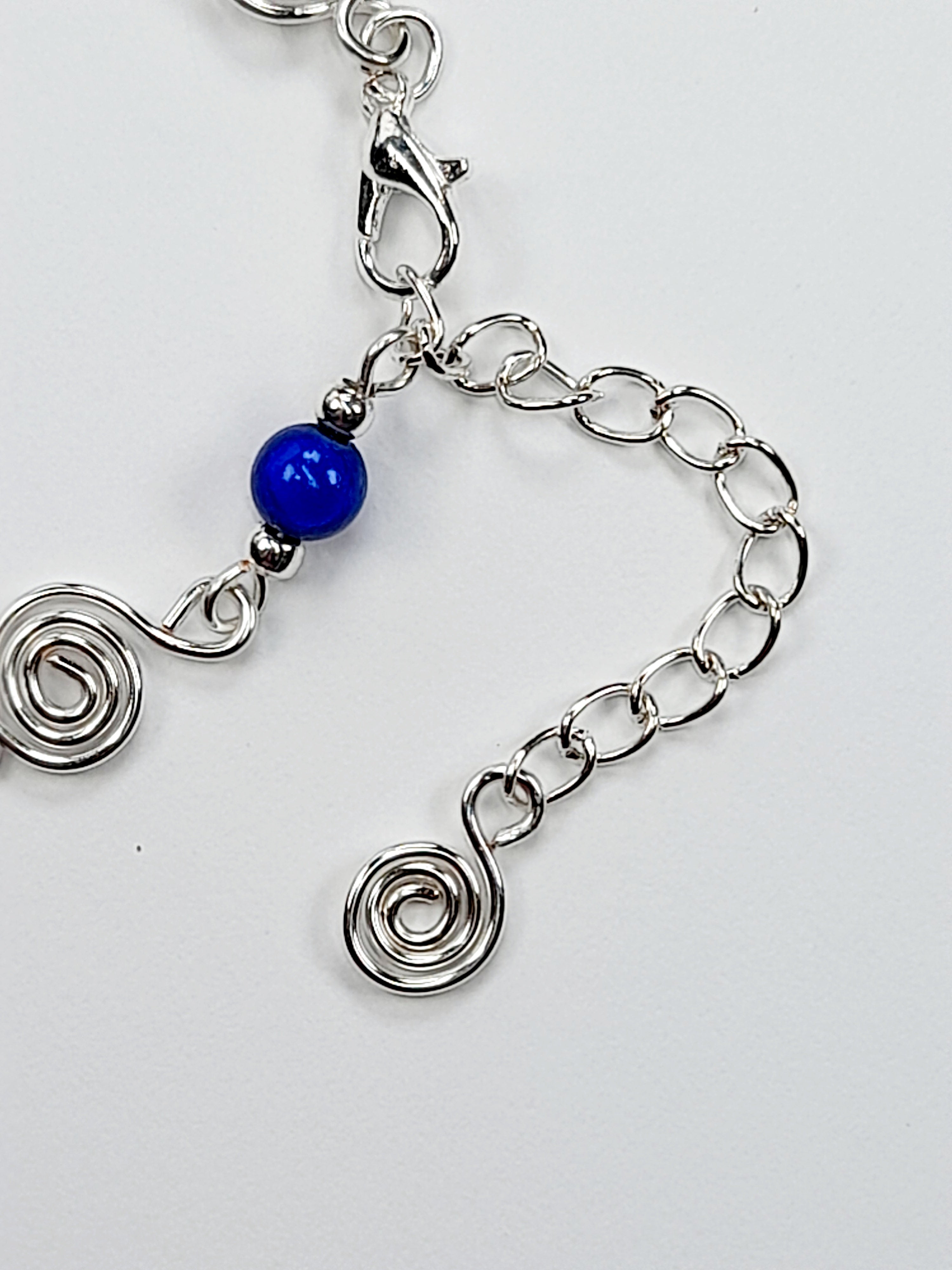 Dainty Silver Spiral & Bright Blue Bead Bracelet, Handmade Adjustable Design